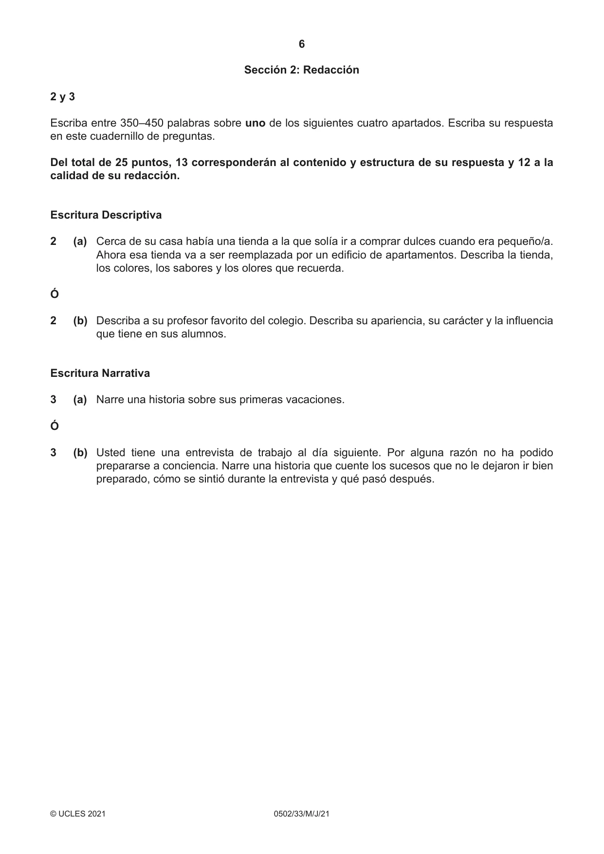 Cambridge IGCSE Spanish - First Language 0502 2021 May/June Paper 3 · Variant 3 question paper, page 6 of 12