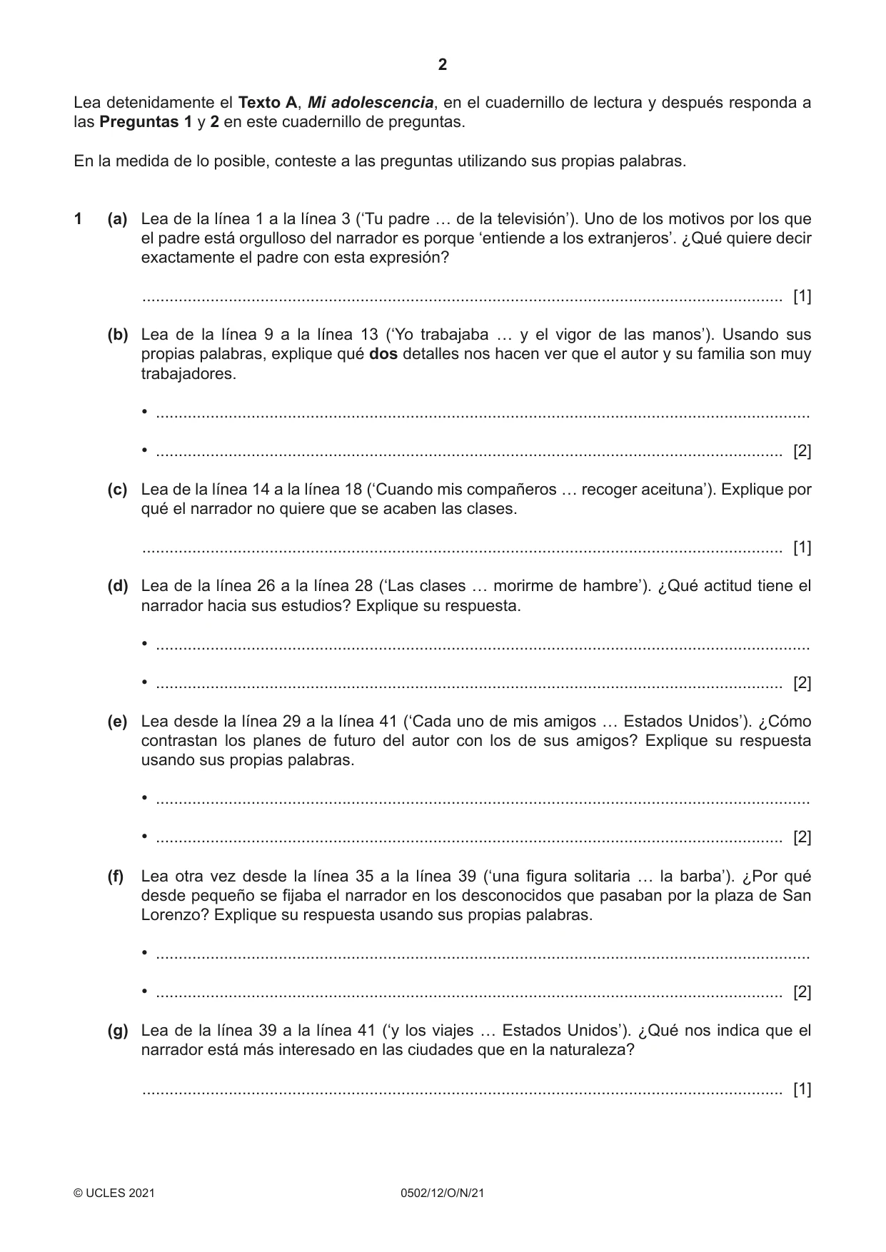 Cambridge IGCSE Spanish - First Language 0502 2021 Oct/Nov Paper 1 · Variant 2 question paper, page 2 of 12