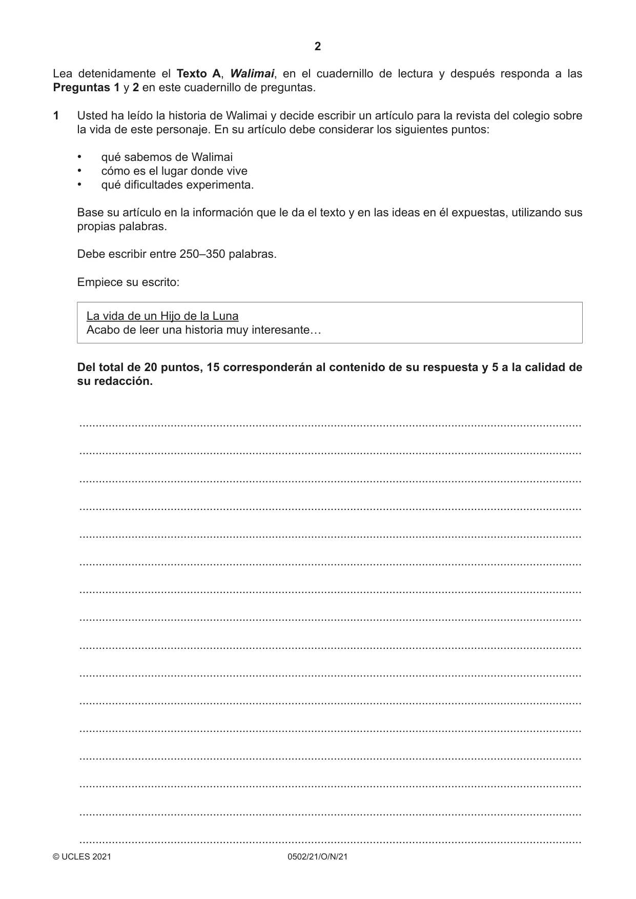 Cambridge IGCSE Spanish - First Language 0502 2021 Oct/Nov Paper 2 · Variant 1 question paper, page 2 of 12