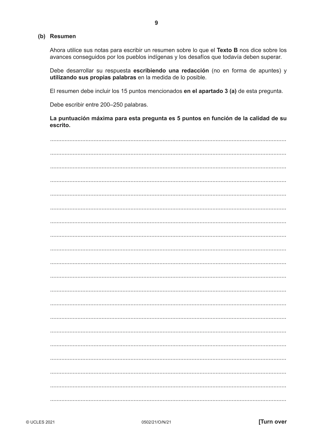 Cambridge IGCSE Spanish - First Language 0502 2021 Oct/Nov Paper 2 · Variant 1 question paper, page 9 of 12