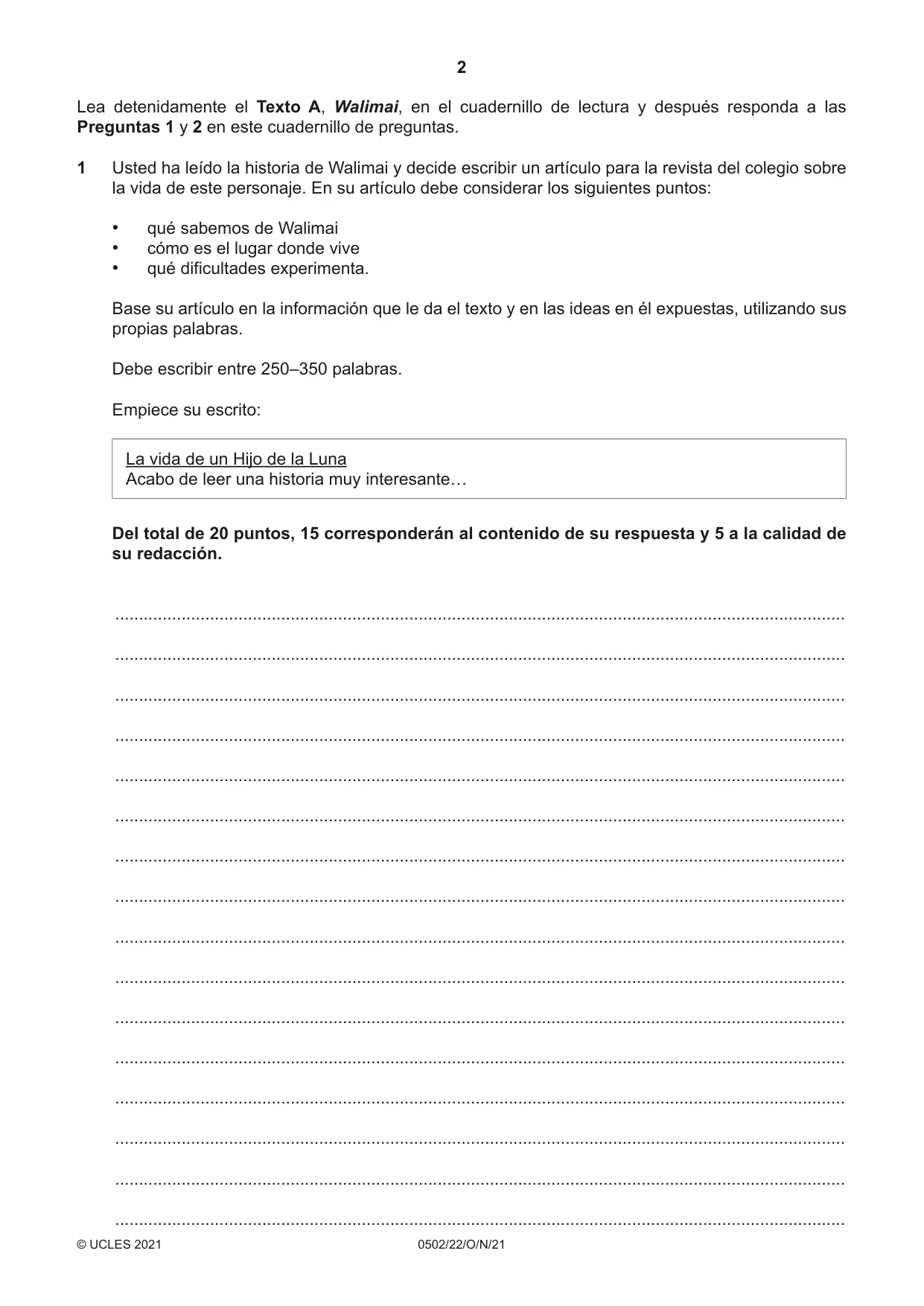 Cambridge IGCSE Spanish - First Language 0502 2021 Oct/Nov Paper 2 · Variant 2 question paper, page 2 of 12