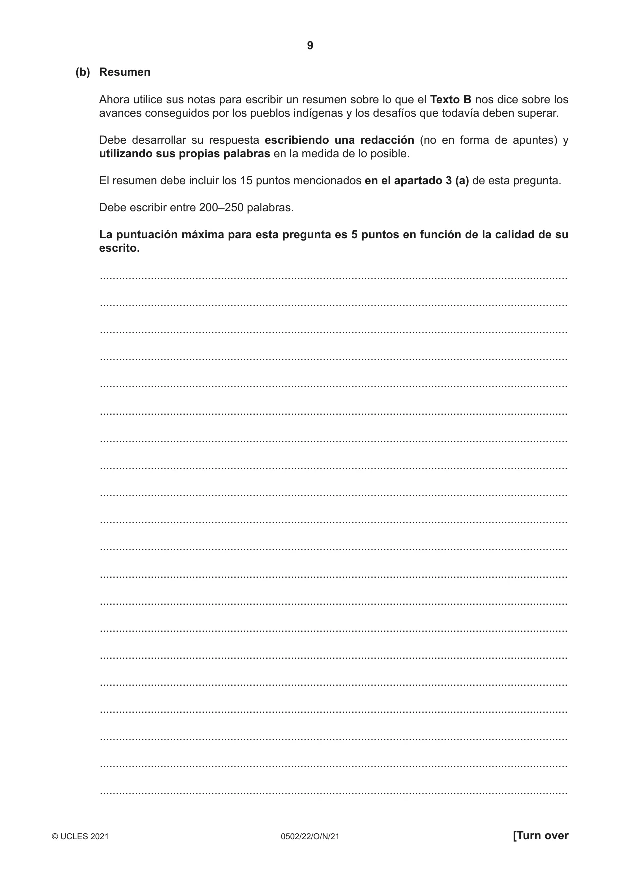 Cambridge IGCSE Spanish - First Language 0502 2021 Oct/Nov Paper 2 · Variant 2 question paper, page 9 of 12