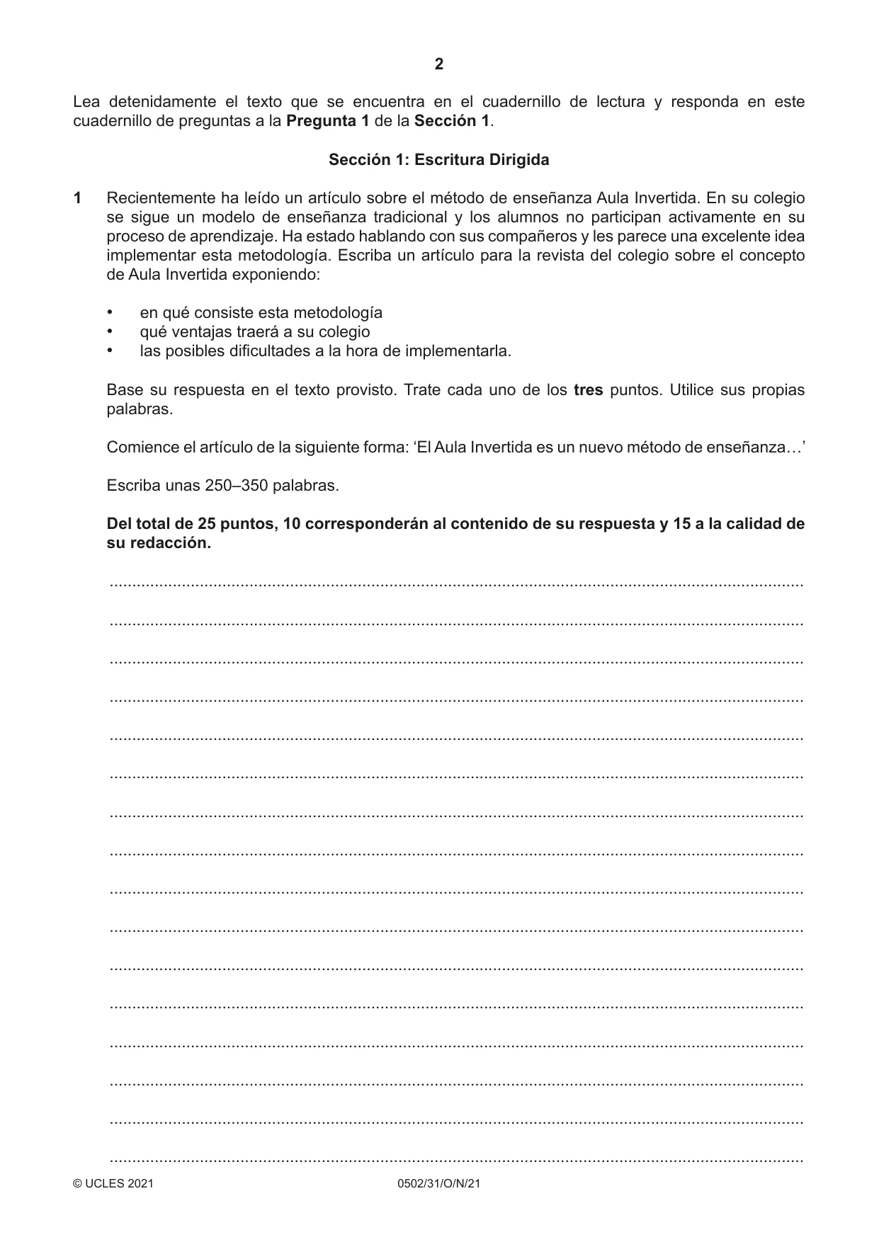 Cambridge IGCSE Spanish - First Language 0502 2021 Oct/Nov Paper 3 · Variant 1 question paper, page 2 of 12
