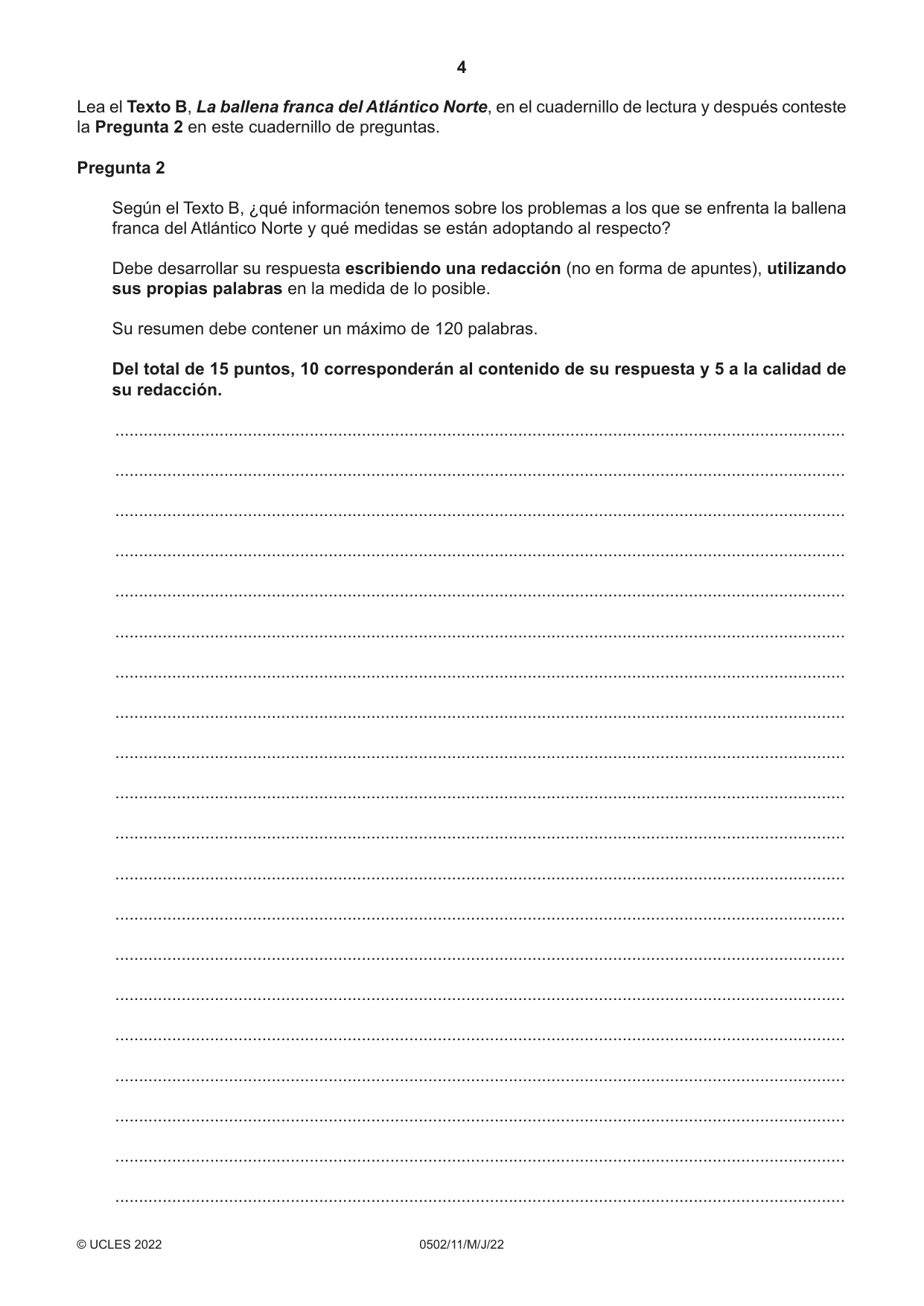 Cambridge IGCSE Spanish - First Language 0502 2022 May/June Paper 1 · Variant 1 question paper, page 4 of 16