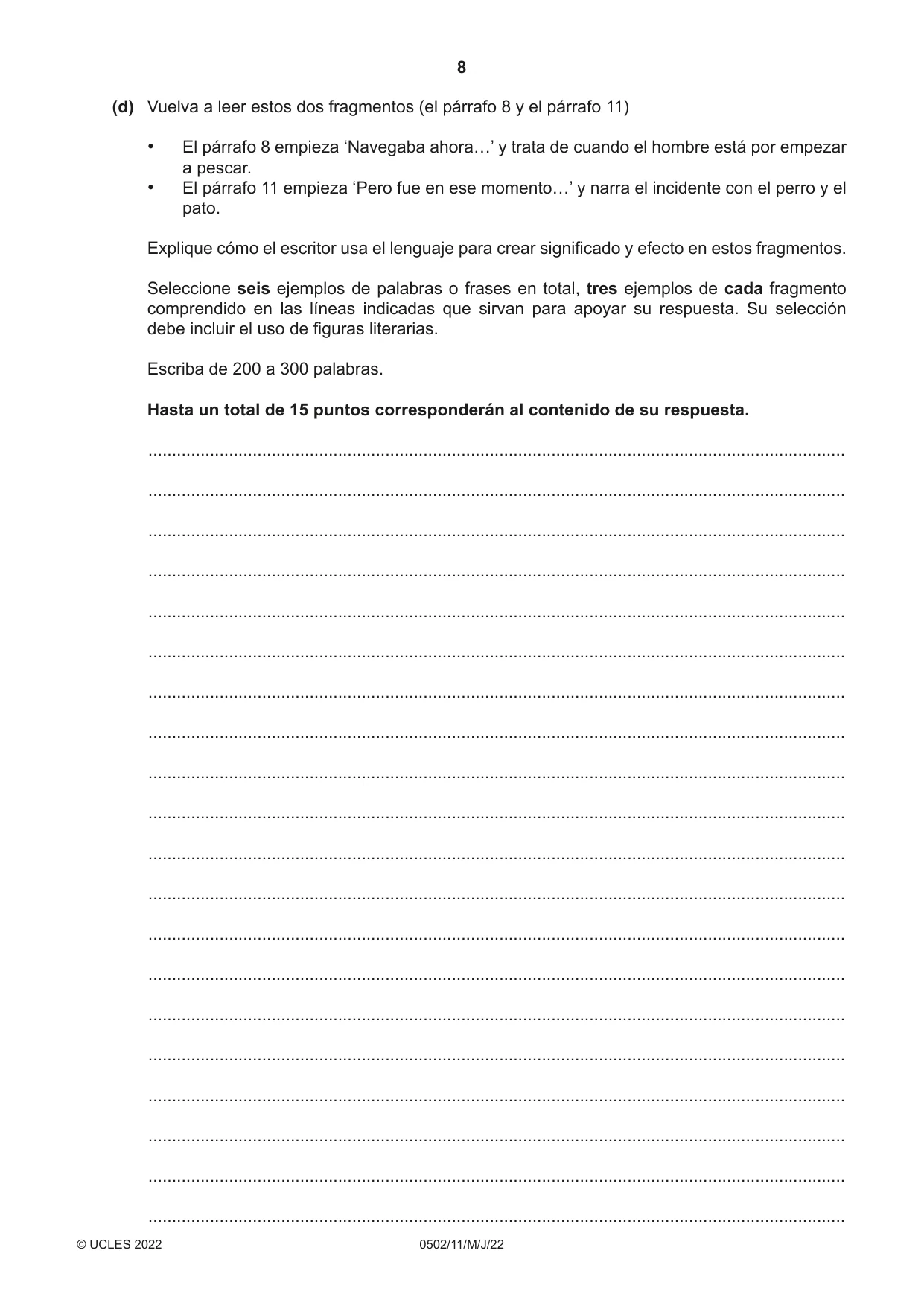 Cambridge IGCSE Spanish - First Language 0502 2022 May/June Paper 1 · Variant 1 question paper, page 8 of 16