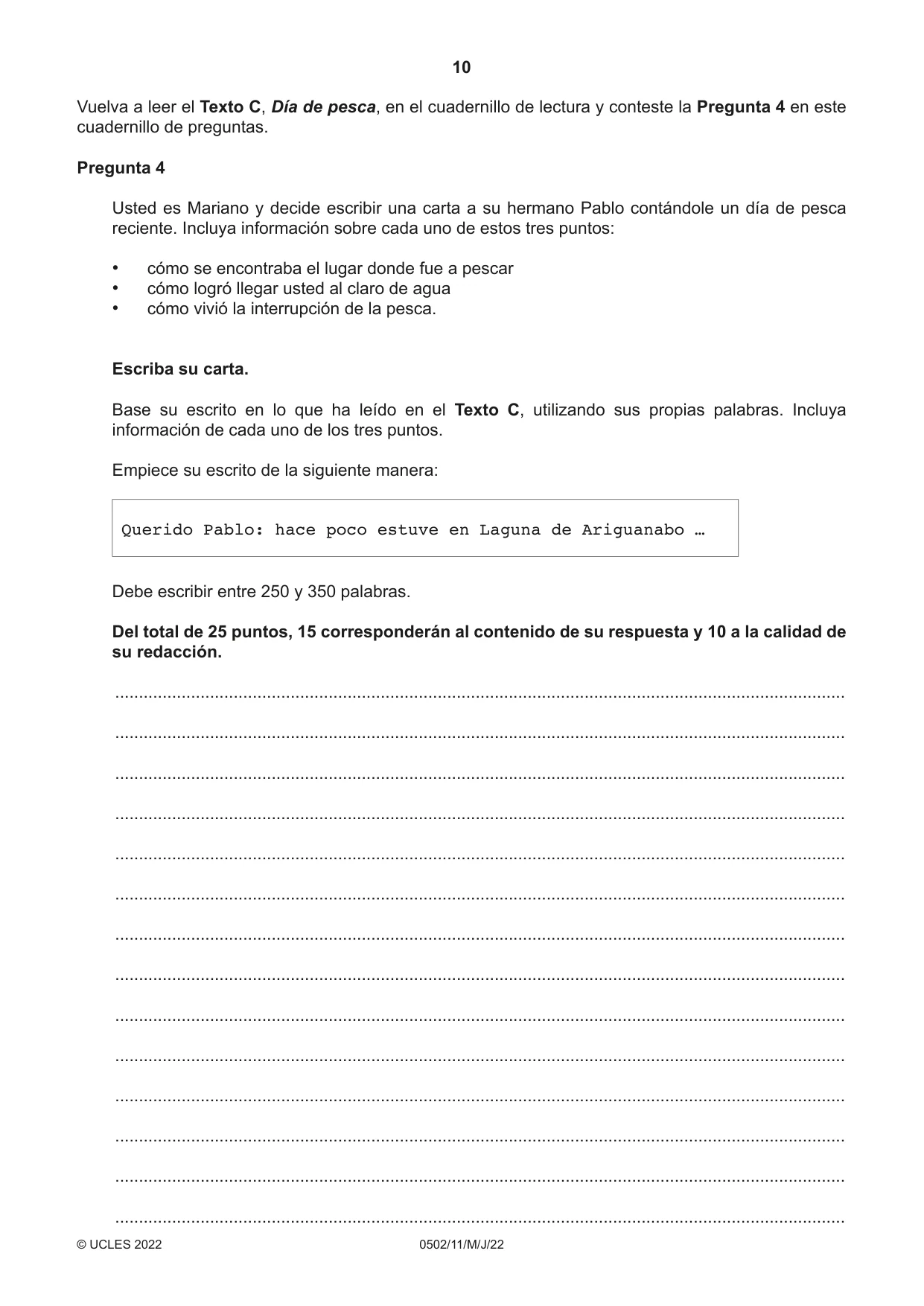 Cambridge IGCSE Spanish - First Language 0502 2022 May/June Paper 1 · Variant 1 question paper, page 10 of 16
