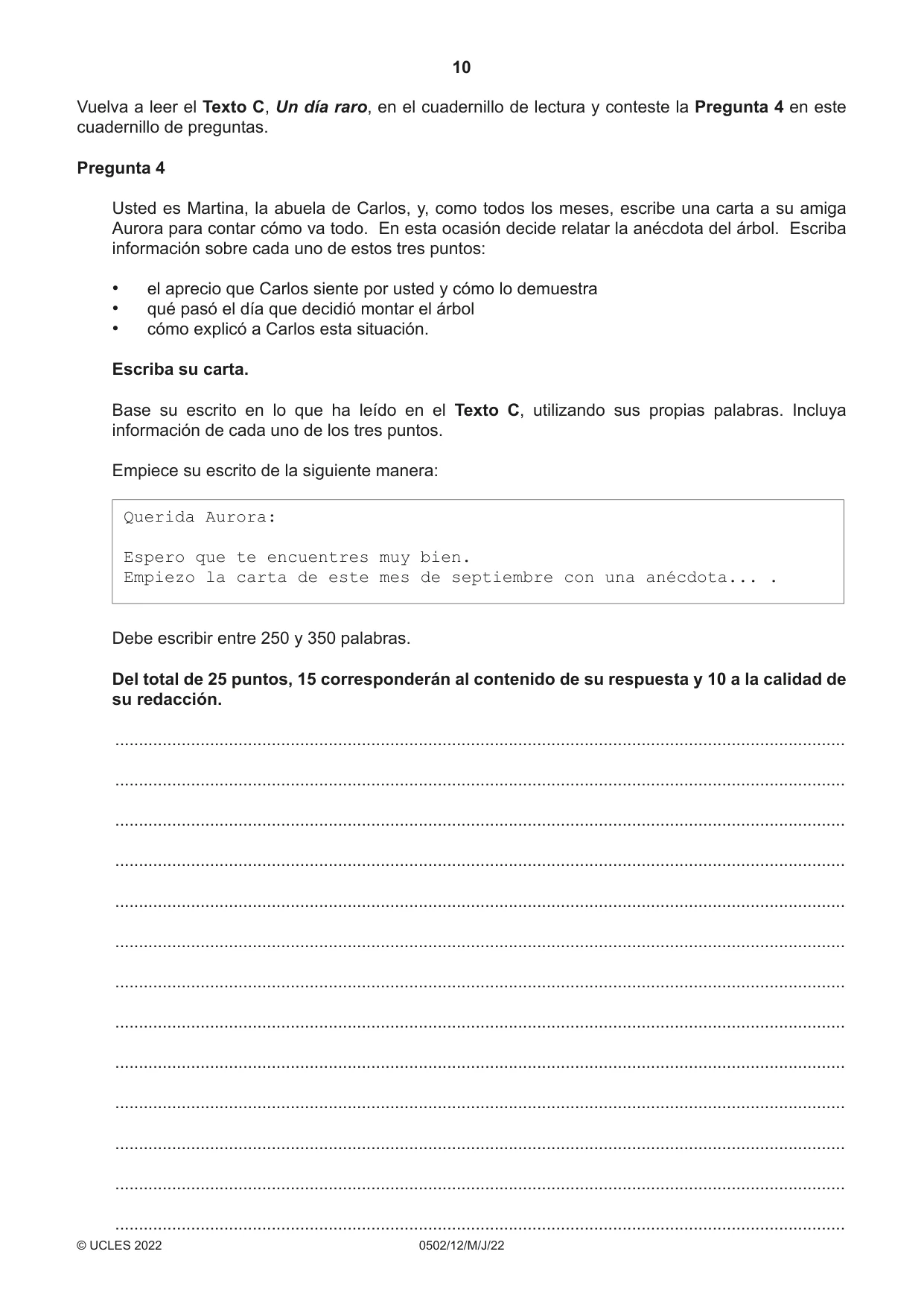 Cambridge IGCSE Spanish - First Language 0502 2022 May/June Paper 1 · Variant 2 question paper, page 10 of 16