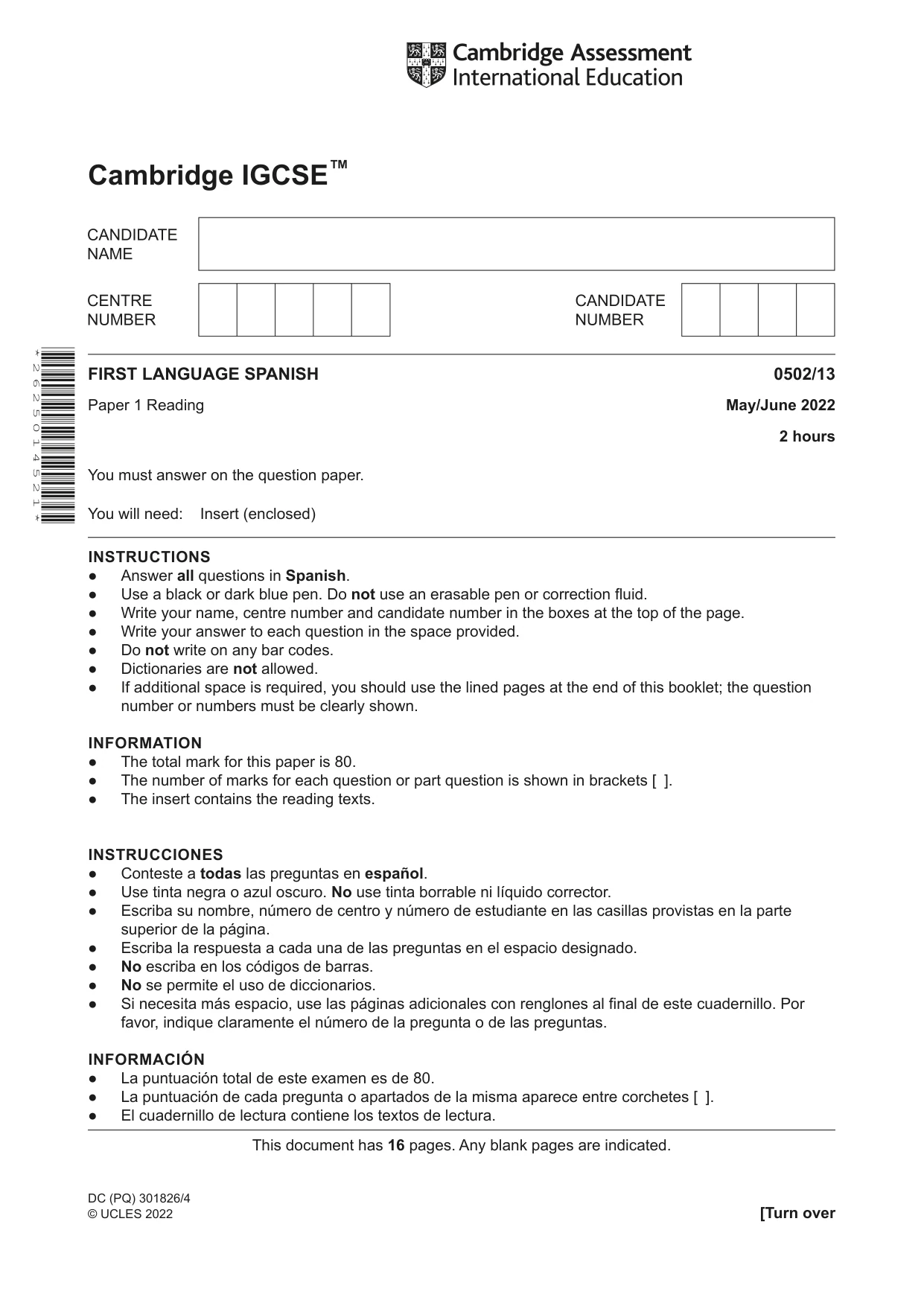 Cambridge IGCSE Spanish - First Language 0502 2022 May/June Paper 1 · Variant 3 question paper, page 1 of 16