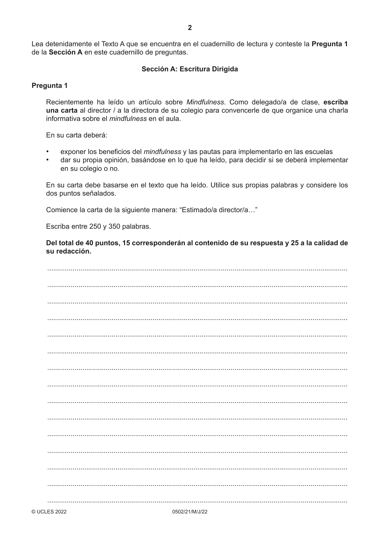 Cambridge IGCSE Spanish - First Language 0502 2022 May/June Paper 2 · Variant 1 question paper, page 2 of 12