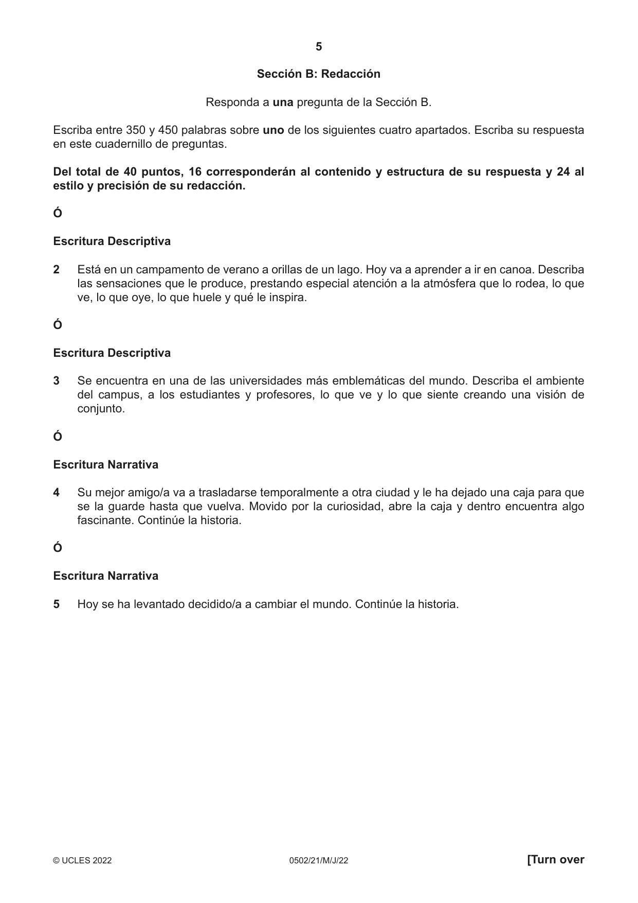 Cambridge IGCSE Spanish - First Language 0502 2022 May/June Paper 2 · Variant 1 question paper, page 5 of 12