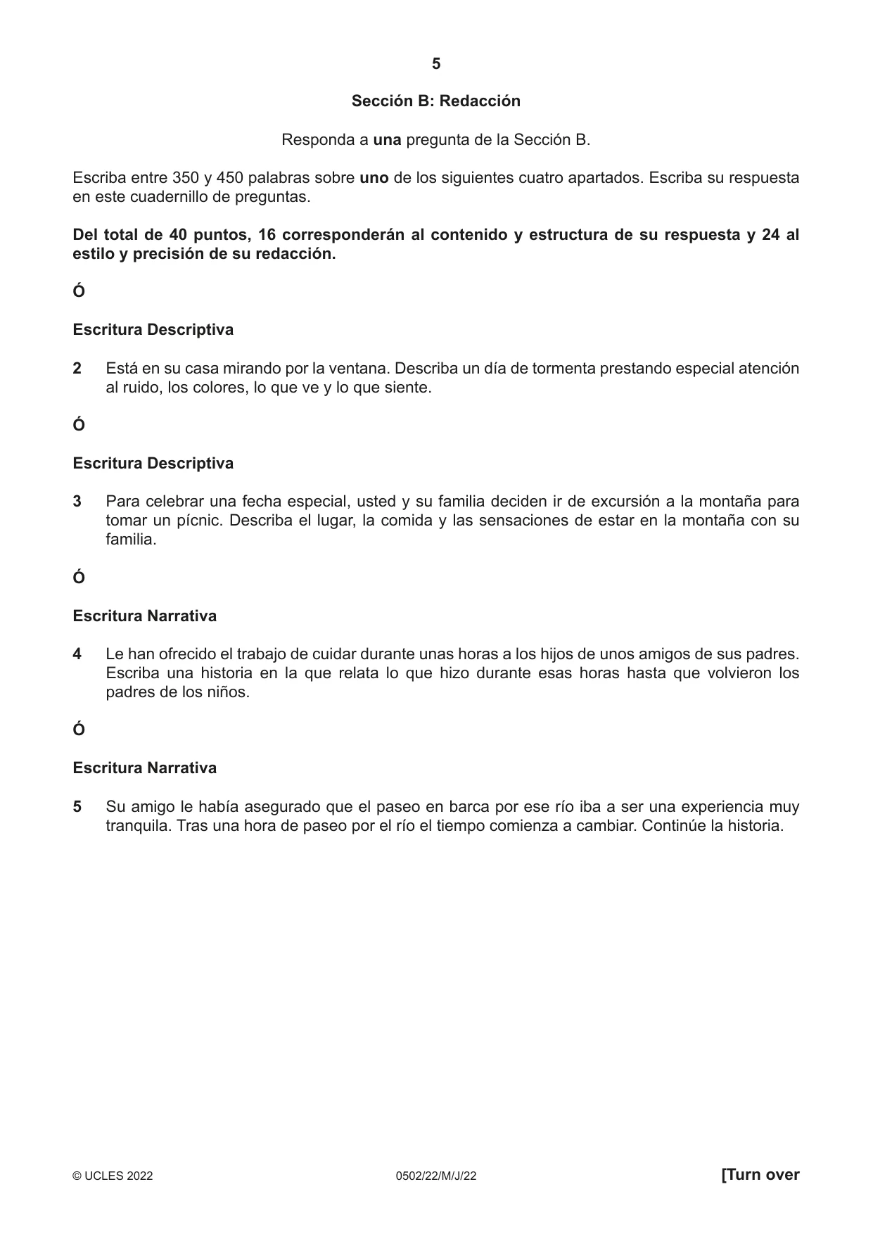 Cambridge IGCSE Spanish - First Language 0502 2022 May/June Paper 2 · Variant 2 question paper, page 5 of 12