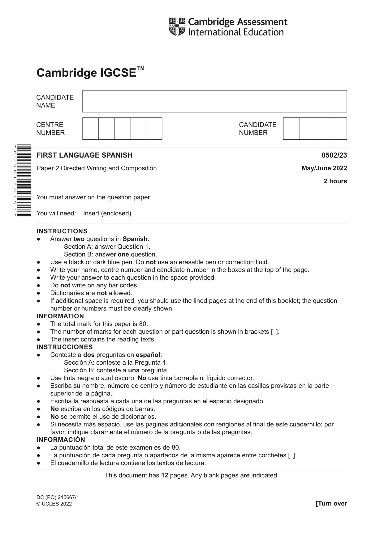 Cambridge IGCSE Spanish - First Language 0502 2022 May/June Paper 2 · Variant 3 question paper, page 1 of 12