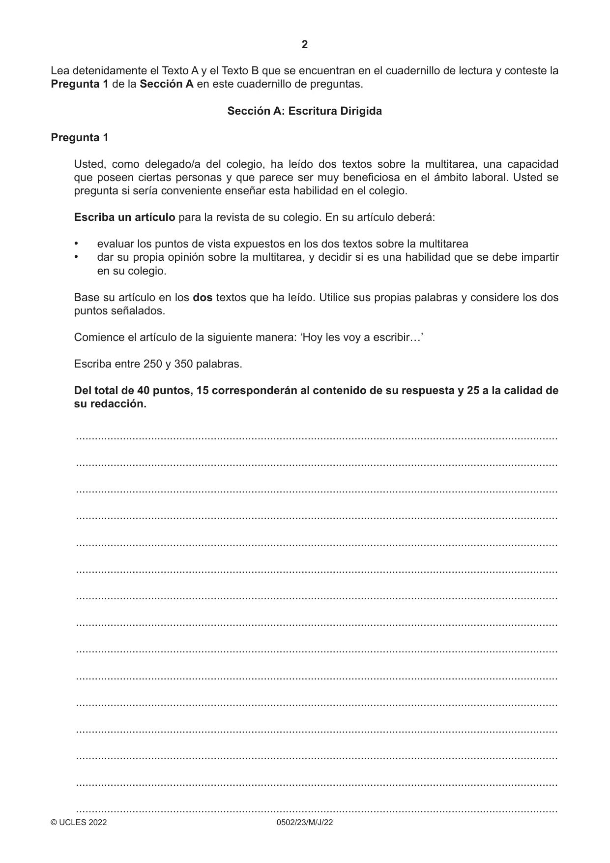 Cambridge IGCSE Spanish - First Language 0502 2022 May/June Paper 2 · Variant 3 question paper, page 2 of 12