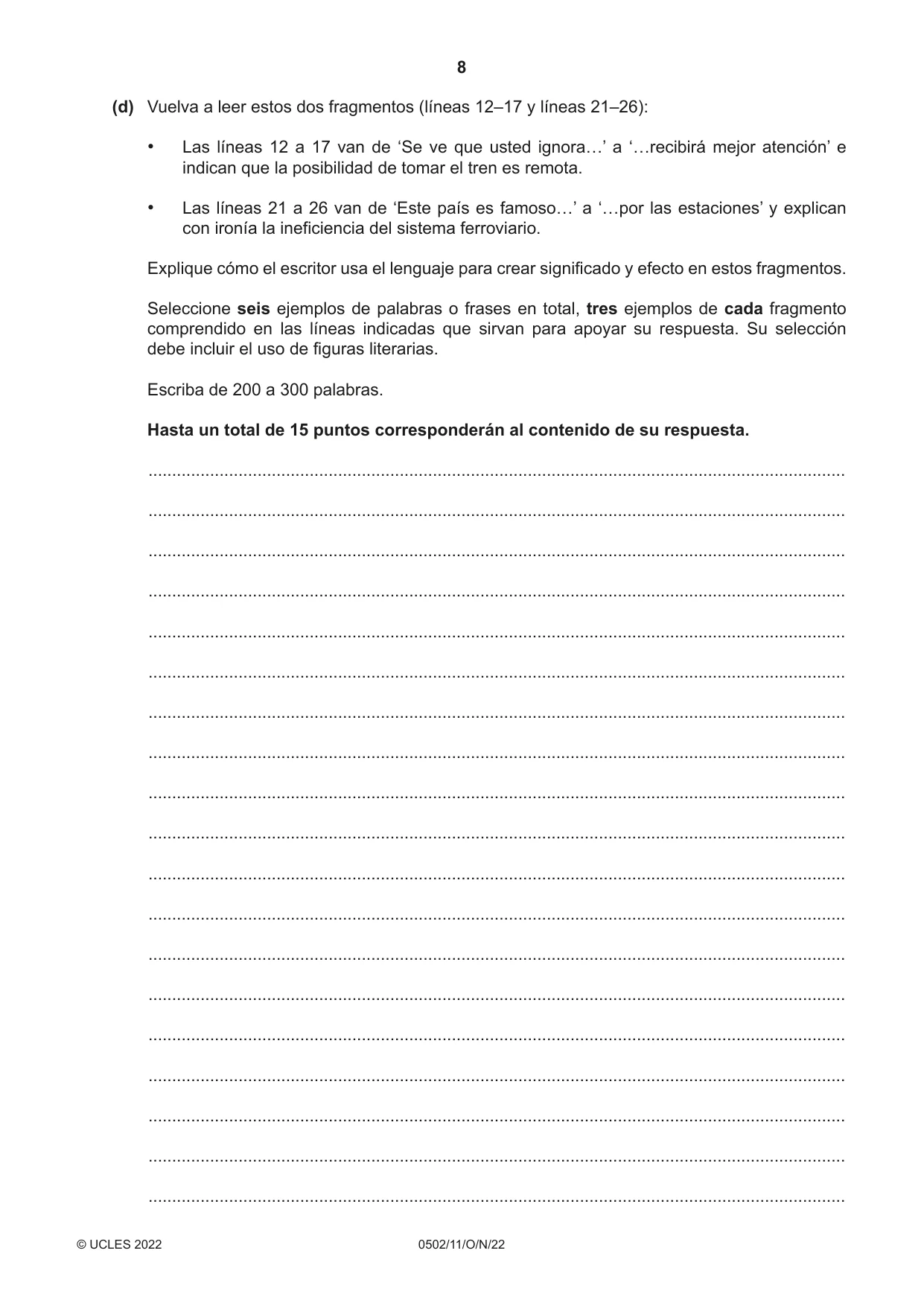 Cambridge IGCSE Spanish - First Language 0502 2022 Oct/Nov Paper 1 · Variant 1 question paper, page 8 of 16