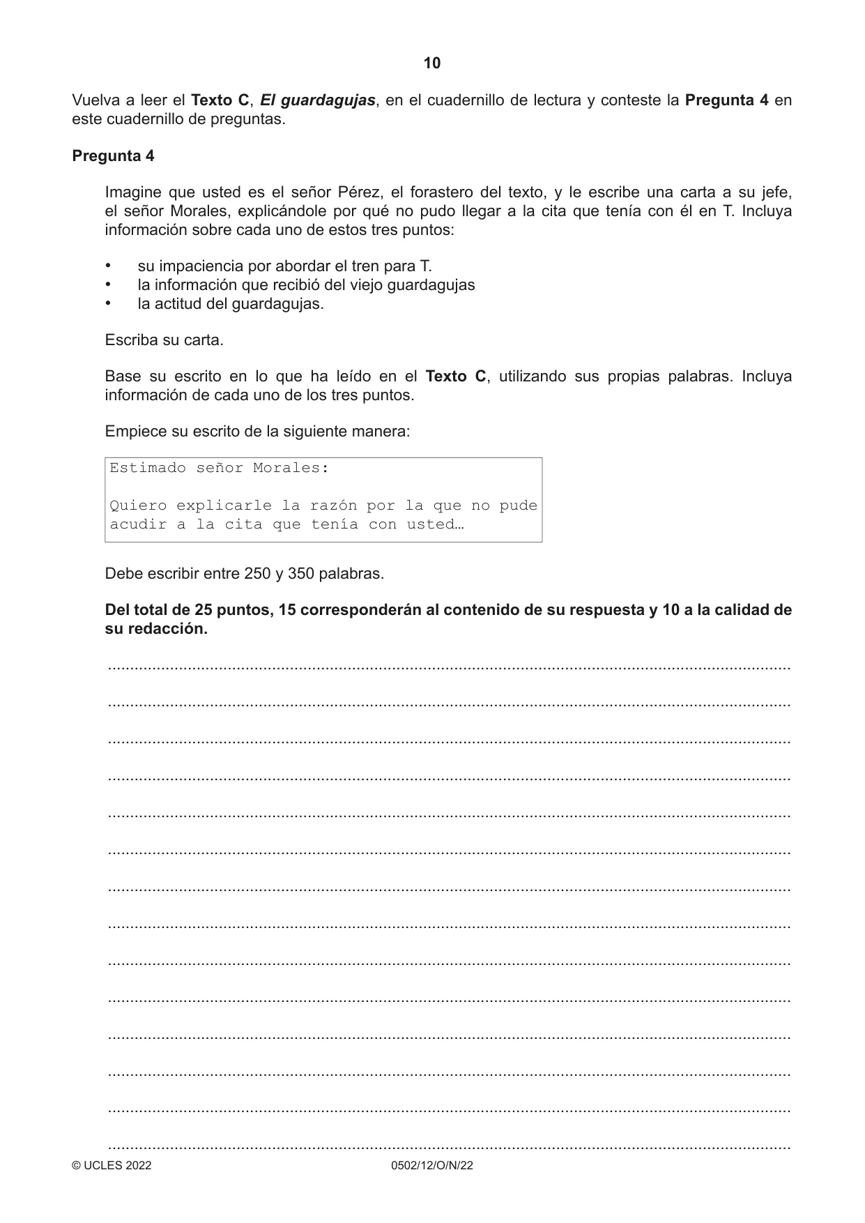 Cambridge IGCSE Spanish - First Language 0502 2022 Oct/Nov Paper 1 · Variant 2 question paper, page 10 of 16