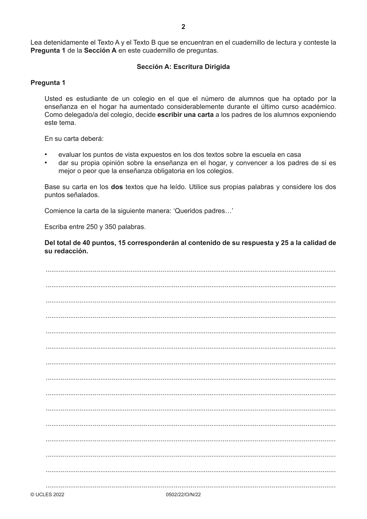 Cambridge IGCSE Spanish - First Language 0502 2022 Oct/Nov Paper 2 · Variant 2 question paper, page 2 of 12