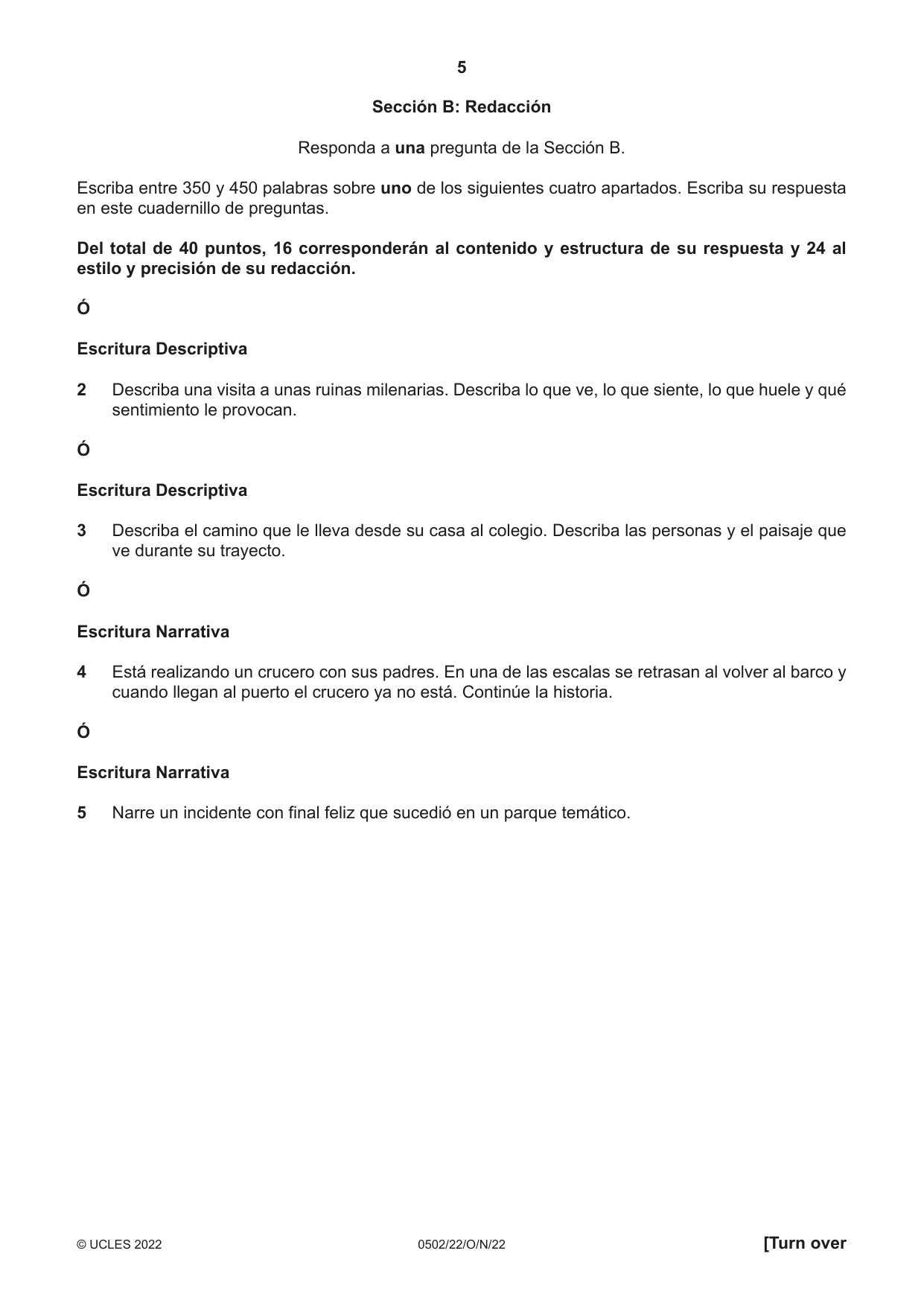 Cambridge IGCSE Spanish - First Language 0502 2022 Oct/Nov Paper 2 · Variant 2 question paper, page 5 of 12
