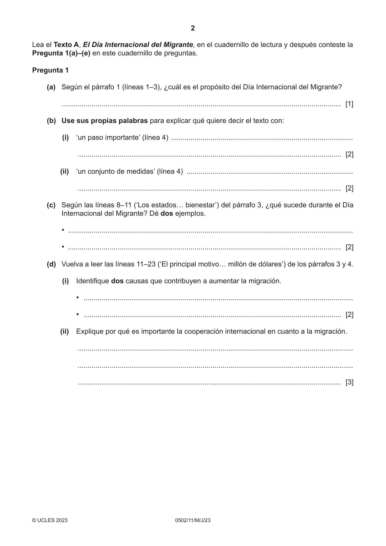 Cambridge IGCSE Spanish - First Language 0502 2023 May/June Paper 1 · Variant 1 question paper, page 2 of 16