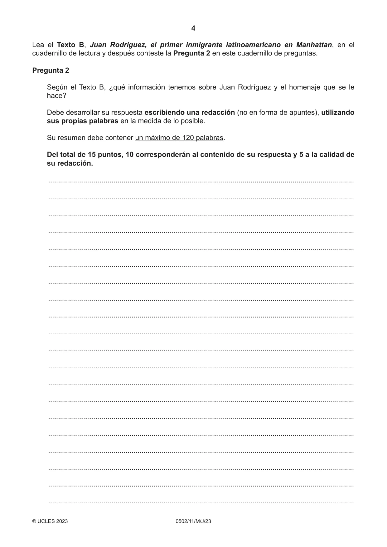 Cambridge IGCSE Spanish - First Language 0502 2023 May/June Paper 1 · Variant 1 question paper, page 4 of 16