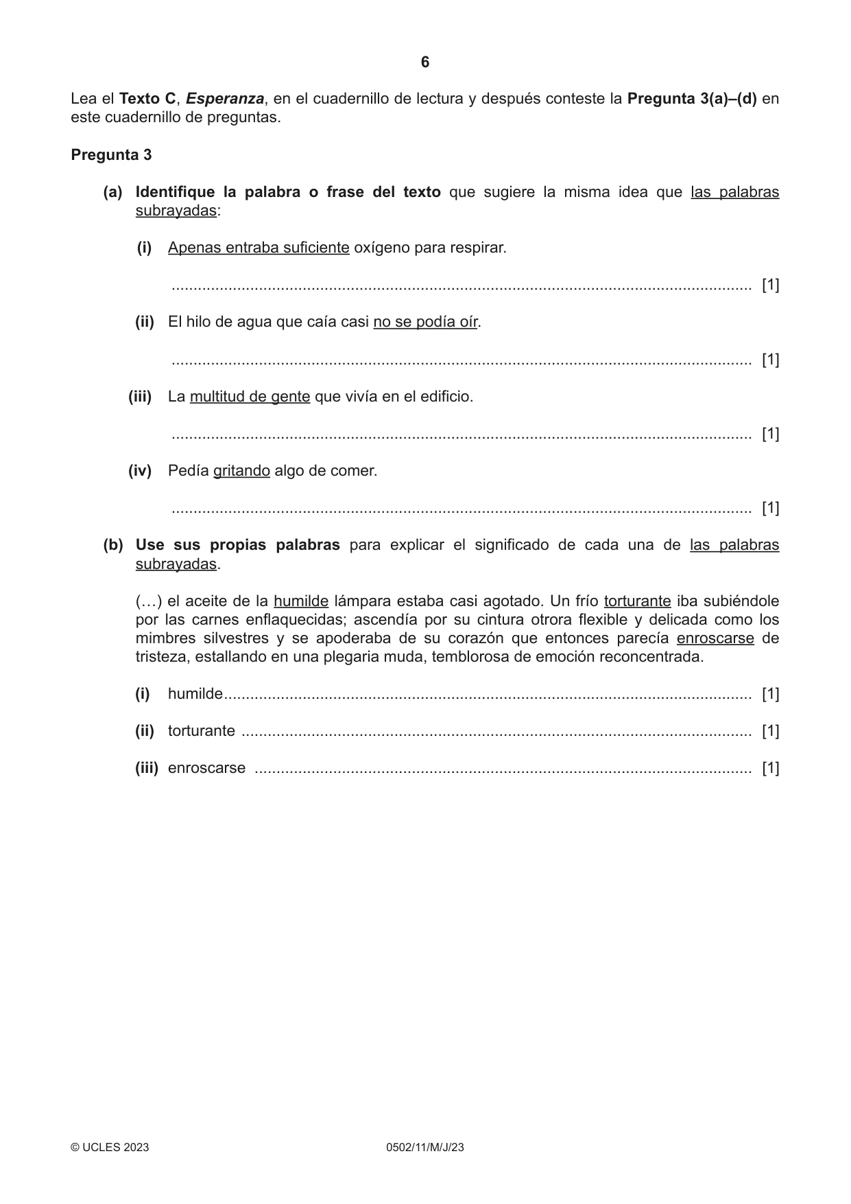 Cambridge IGCSE Spanish - First Language 0502 2023 May/June Paper 1 · Variant 1 question paper, page 6 of 16