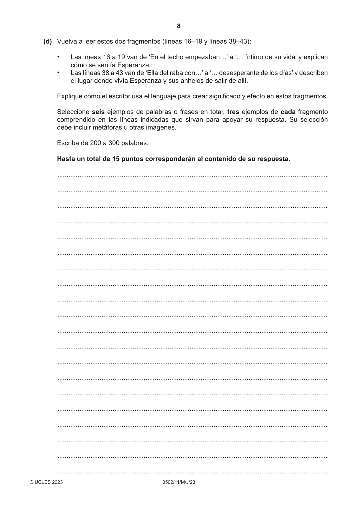 Cambridge IGCSE Spanish - First Language 0502 2023 May/June Paper 1 · Variant 1 question paper, page 8 of 16