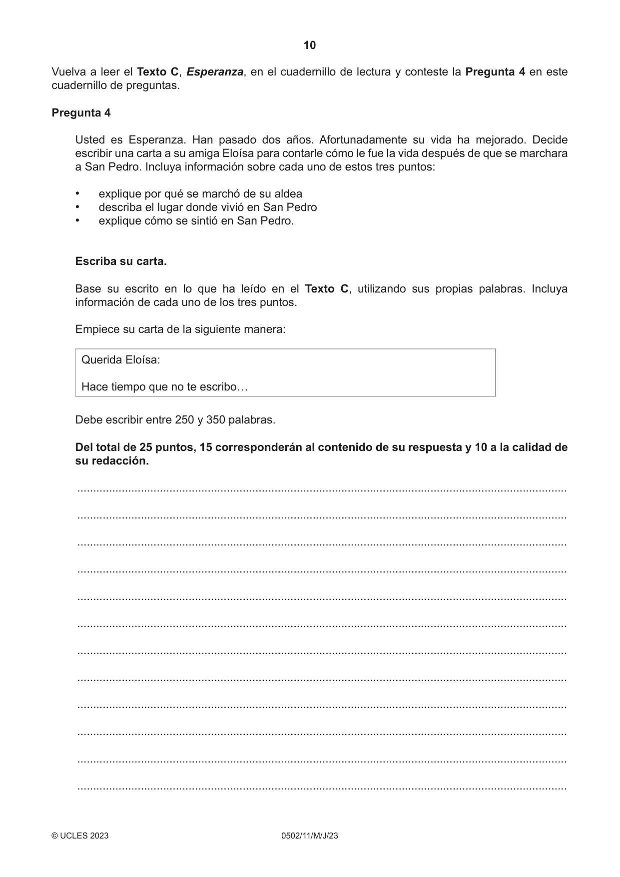 Cambridge IGCSE Spanish - First Language 0502 2023 May/June Paper 1 · Variant 1 question paper, page 10 of 16