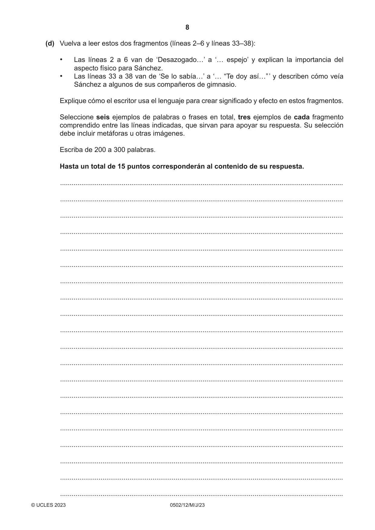 Cambridge IGCSE Spanish - First Language 0502 2023 May/June Paper 1 · Variant 2 question paper, page 8 of 16