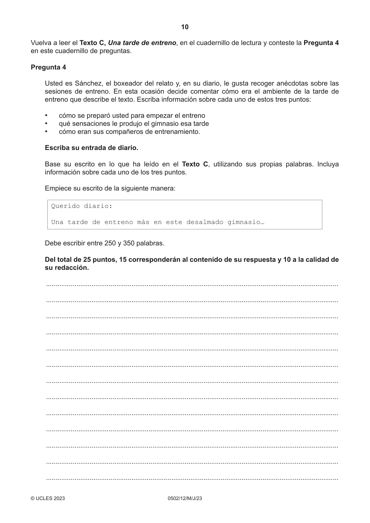 Cambridge IGCSE Spanish - First Language 0502 2023 May/June Paper 1 · Variant 2 question paper, page 10 of 16
