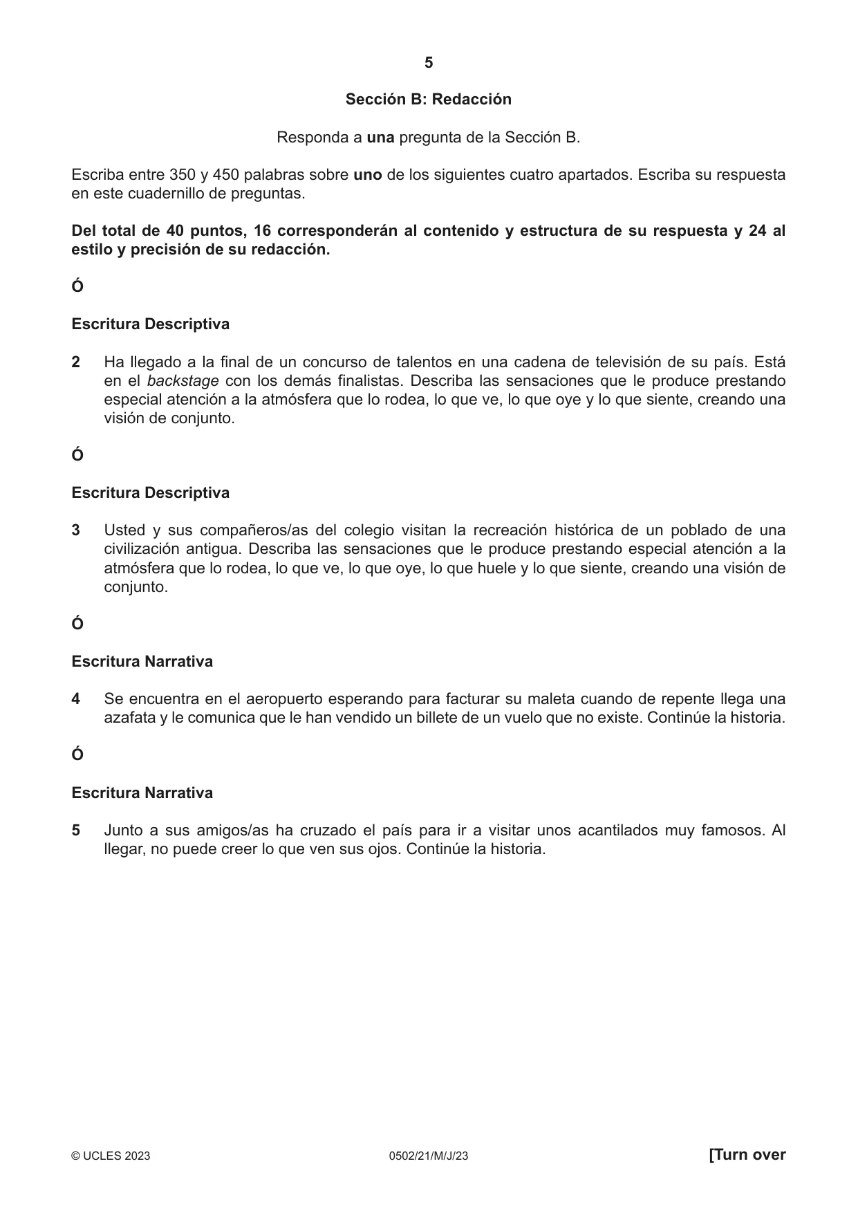 Cambridge IGCSE Spanish - First Language 0502 2023 May/June Paper 2 · Variant 1 question paper, page 5 of 12