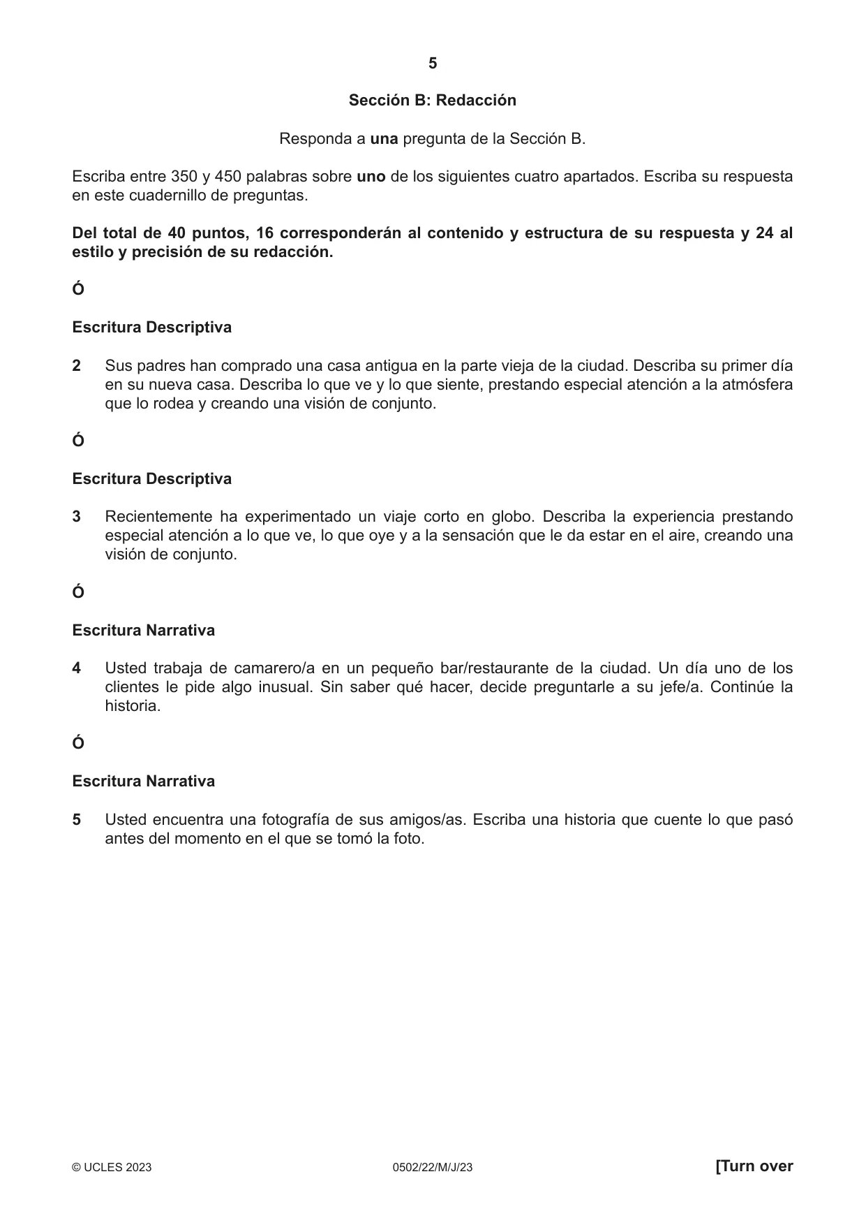 Cambridge IGCSE Spanish - First Language 0502 2023 May/June Paper 2 · Variant 2 question paper, page 5 of 12