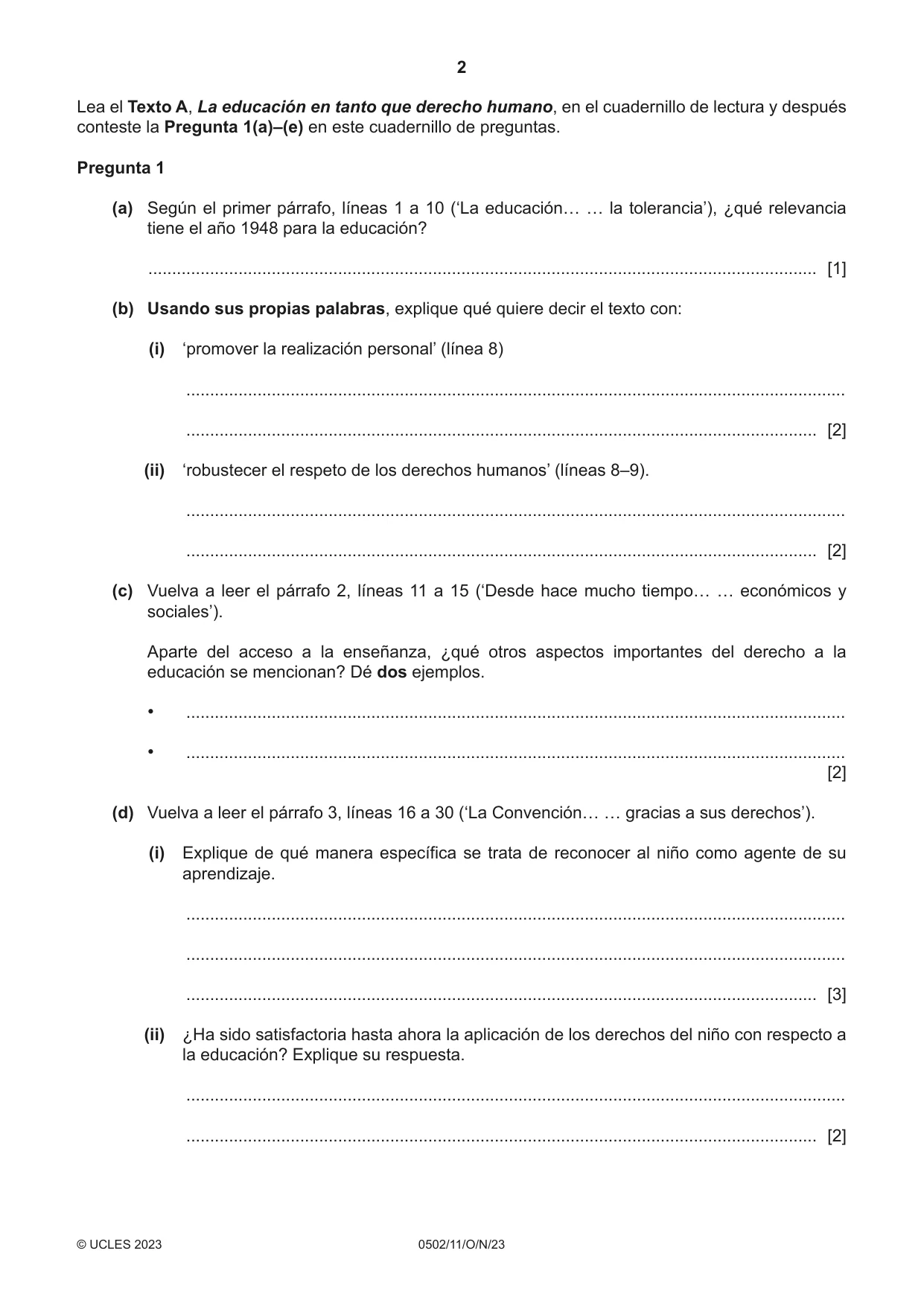 Cambridge IGCSE Spanish - First Language 0502 2023 Oct/Nov Paper 1 · Variant 1 question paper, page 2 of 16