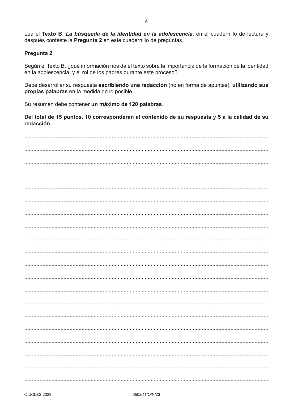 Cambridge IGCSE Spanish - First Language 0502 2023 Oct/Nov Paper 1 · Variant 1 question paper, page 4 of 16
