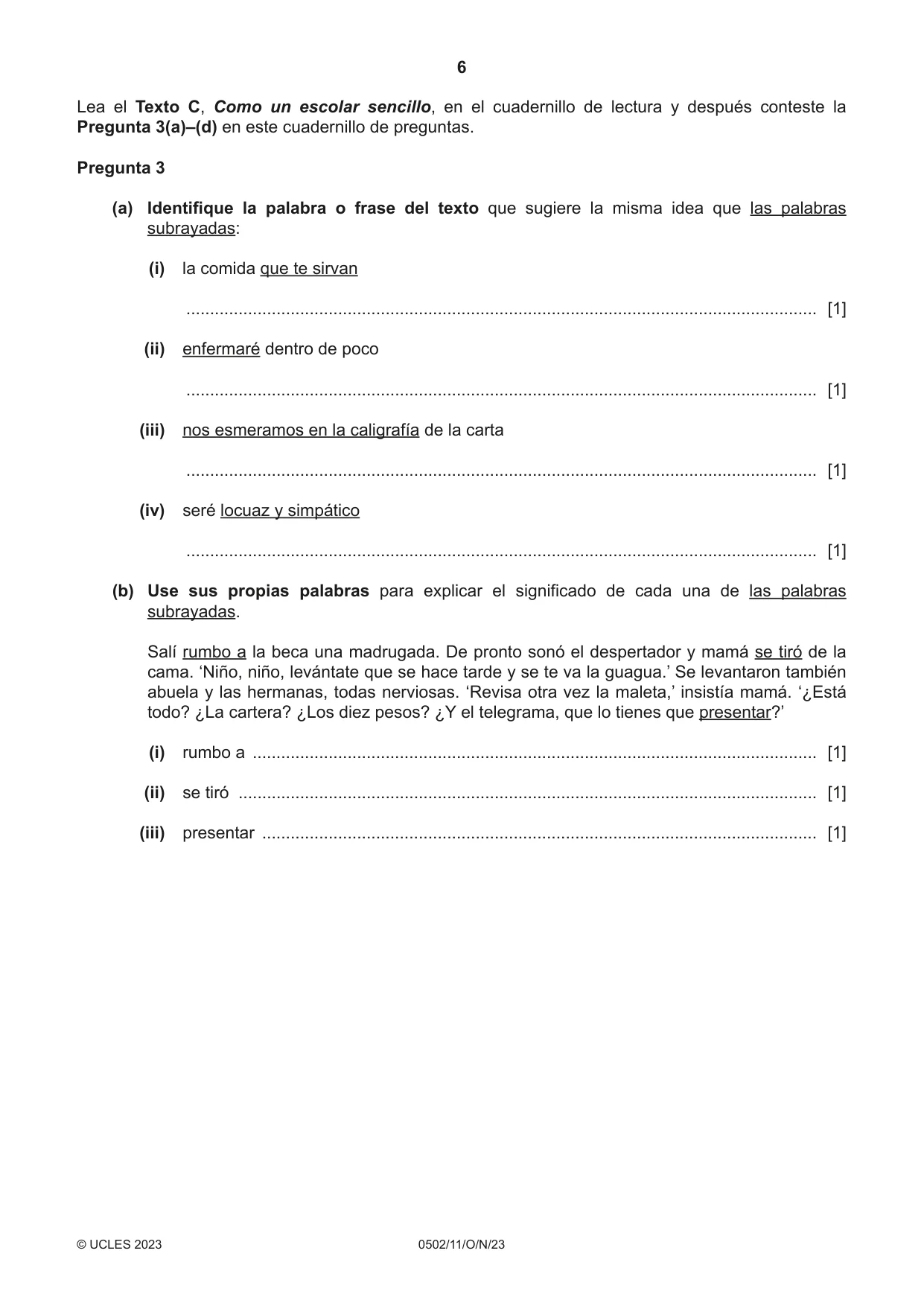 Cambridge IGCSE Spanish - First Language 0502 2023 Oct/Nov Paper 1 · Variant 1 question paper, page 6 of 16