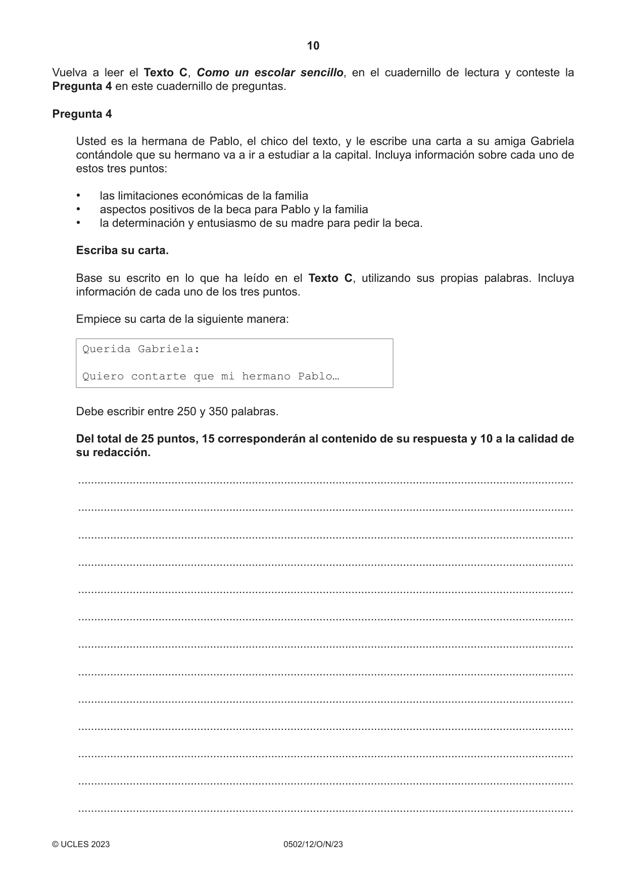 Cambridge IGCSE Spanish - First Language 0502 2023 Oct/Nov Paper 1 · Variant 2 question paper, page 10 of 16
