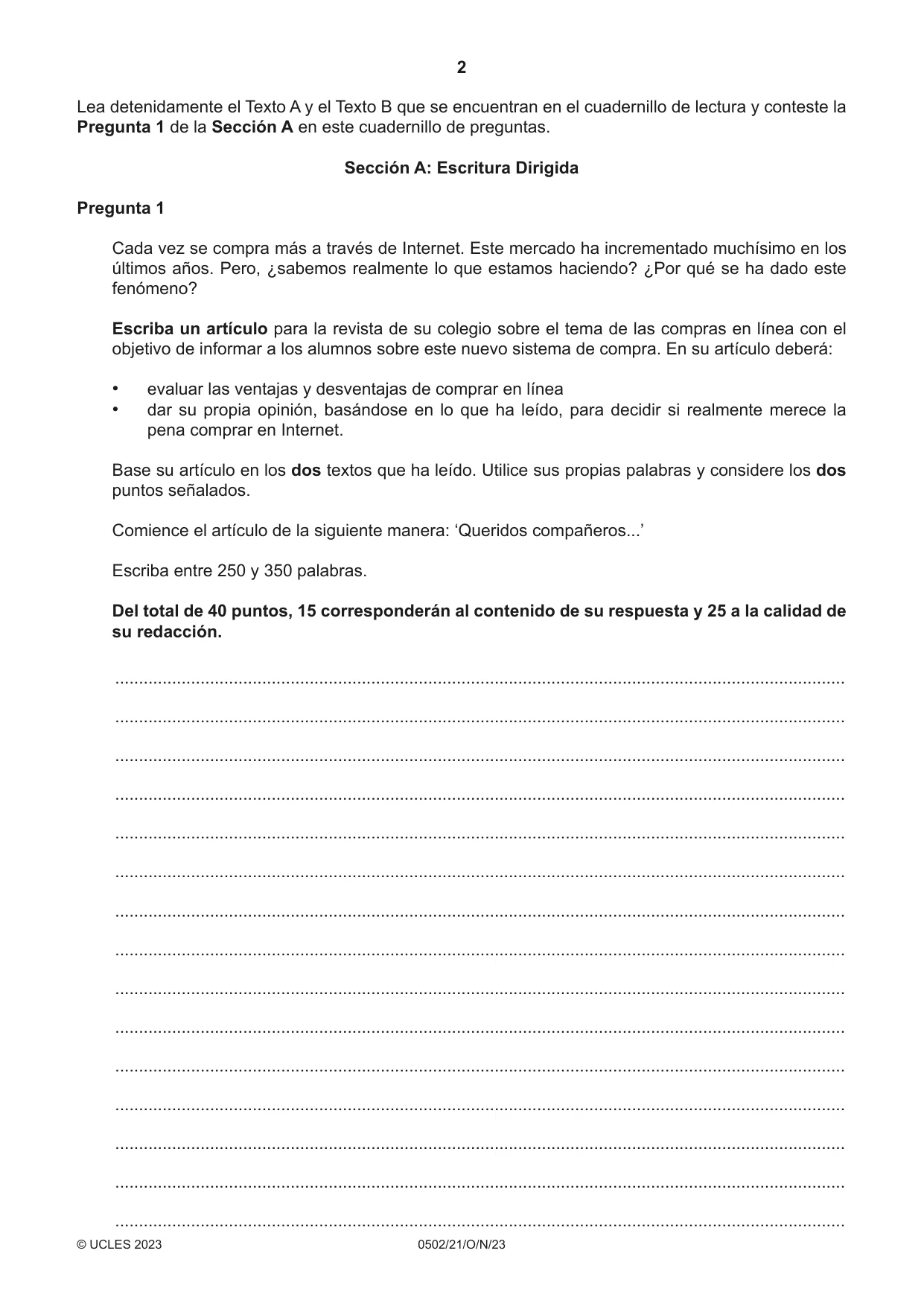Cambridge IGCSE Spanish - First Language 0502 2023 Oct/Nov Paper 2 · Variant 1 question paper, page 2 of 12