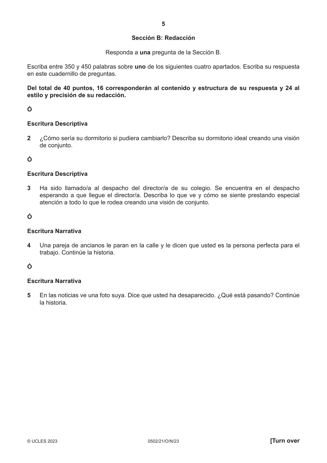 Cambridge IGCSE Spanish - First Language 0502 2023 Oct/Nov Paper 2 · Variant 1 question paper, page 5 of 12
