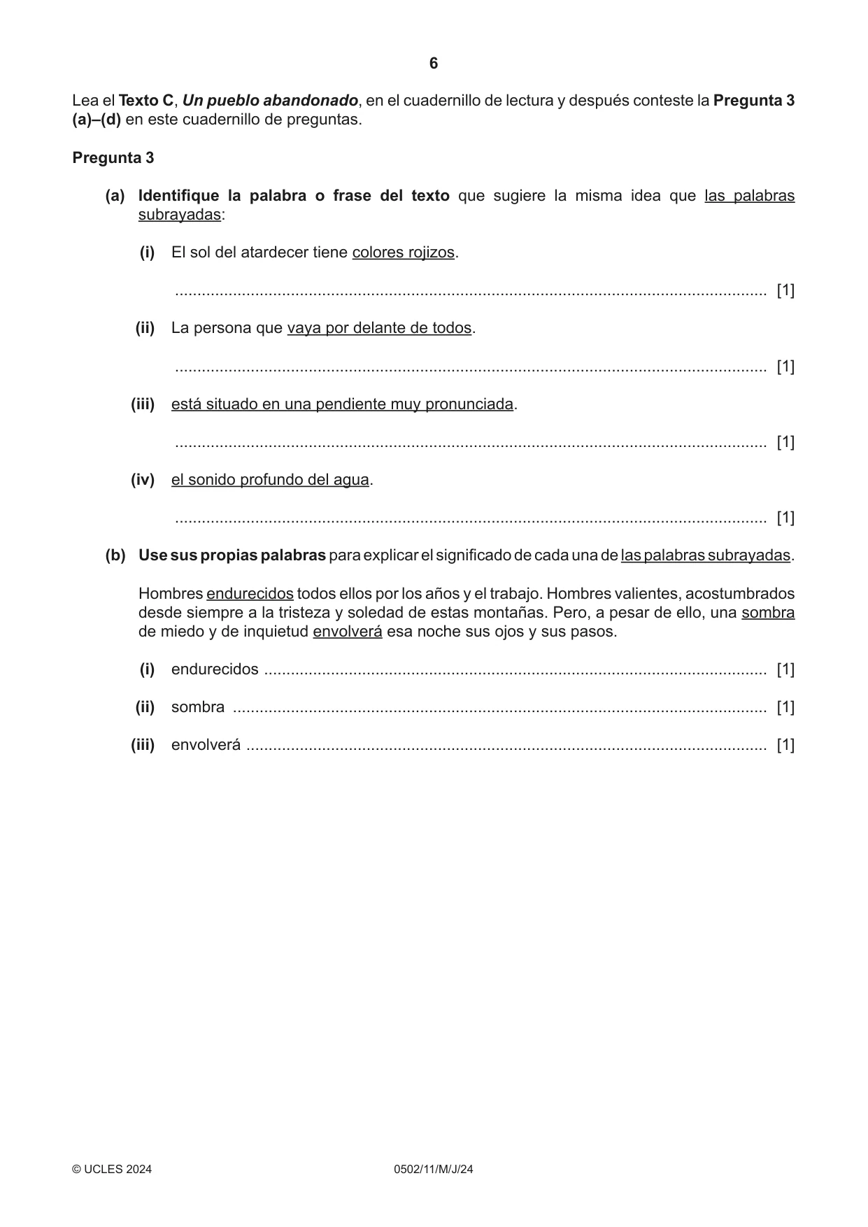 Cambridge IGCSE Spanish - First Language 0502 2024 May/June Paper 1 · Variant 1 question paper, page 6 of 16