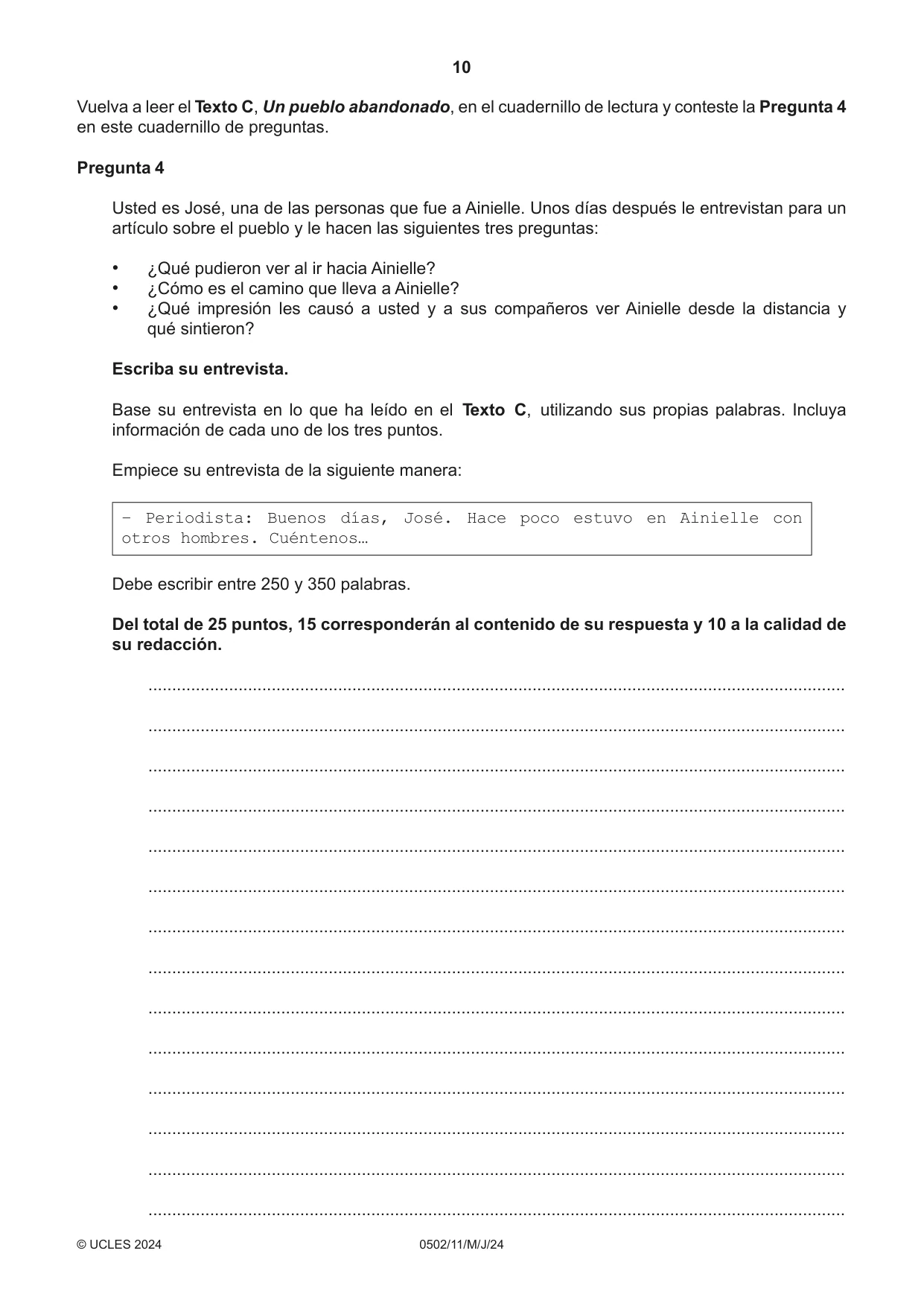 Cambridge IGCSE Spanish - First Language 0502 2024 May/June Paper 1 · Variant 1 question paper, page 10 of 16