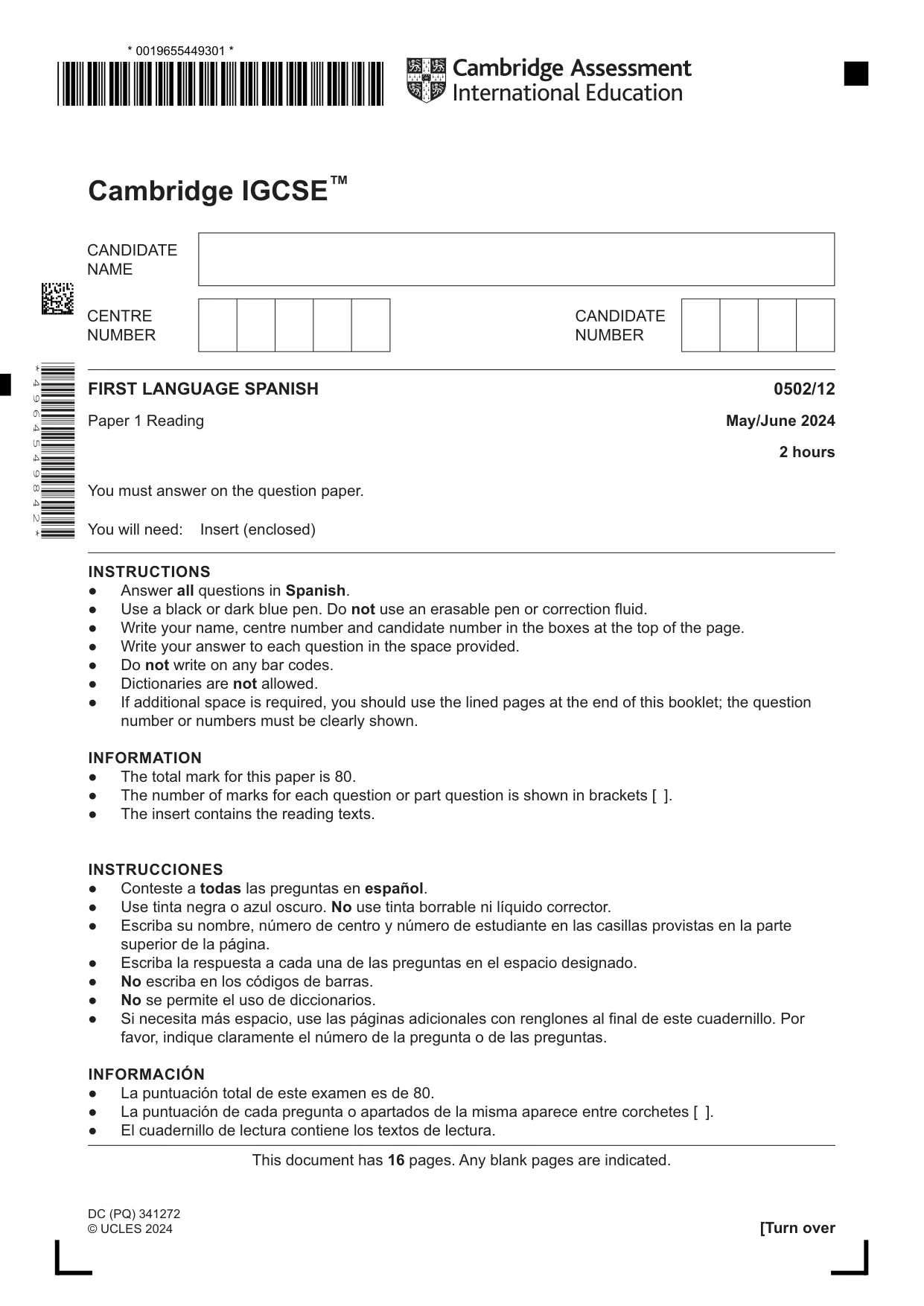 Cambridge IGCSE Spanish - First Language 0502 2024 May/June Paper 1 · Variant 2 question paper, page 1 of 16