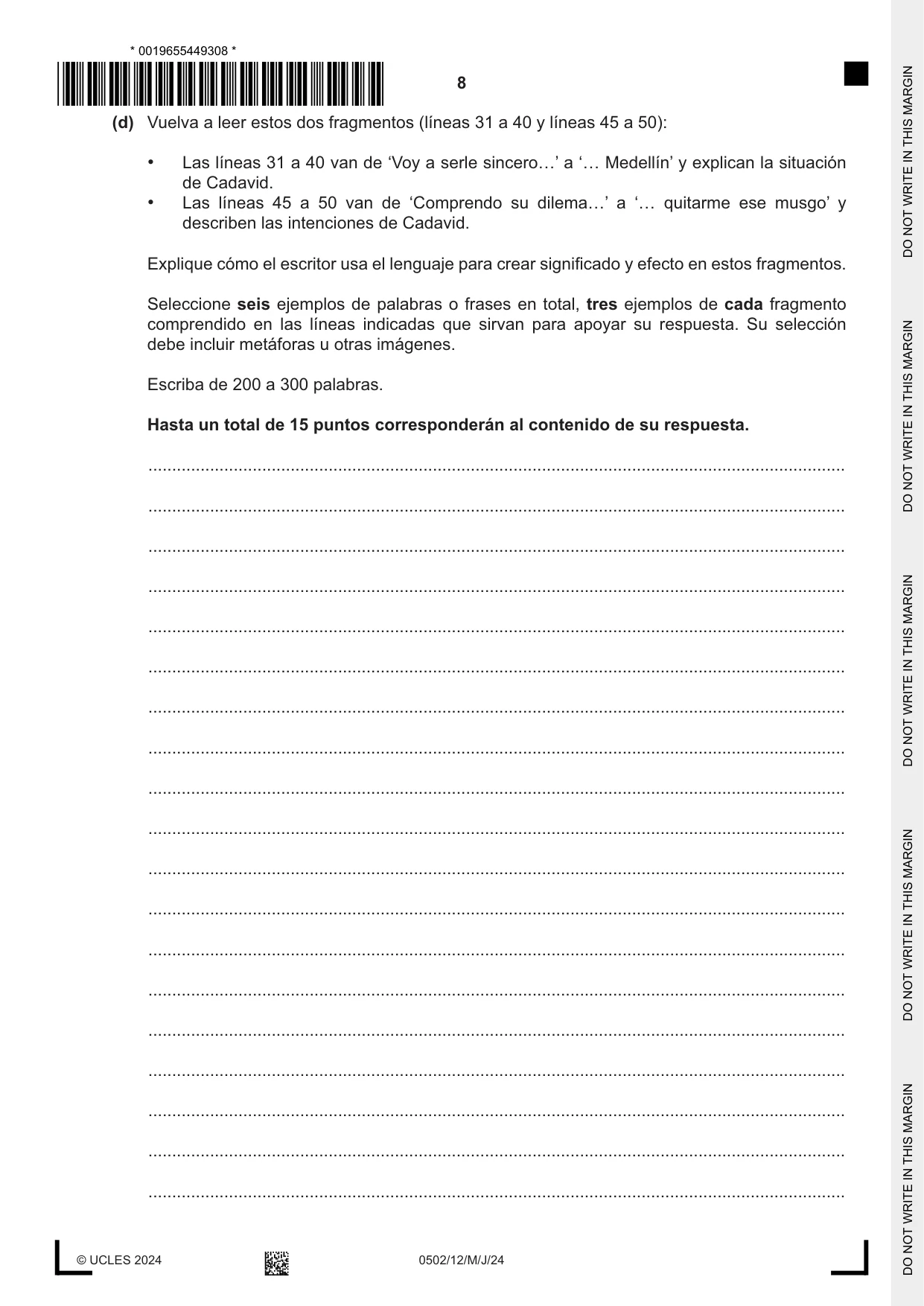 Cambridge IGCSE Spanish - First Language 0502 2024 May/June Paper 1 · Variant 2 question paper, page 8 of 16