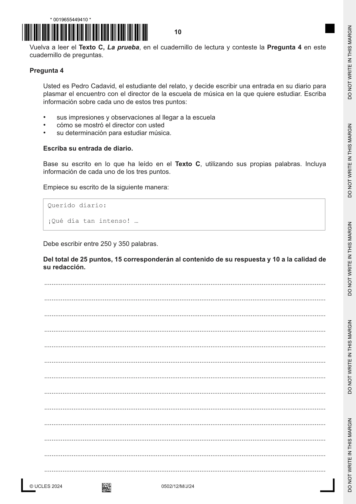 Cambridge IGCSE Spanish - First Language 0502 2024 May/June Paper 1 · Variant 2 question paper, page 10 of 16