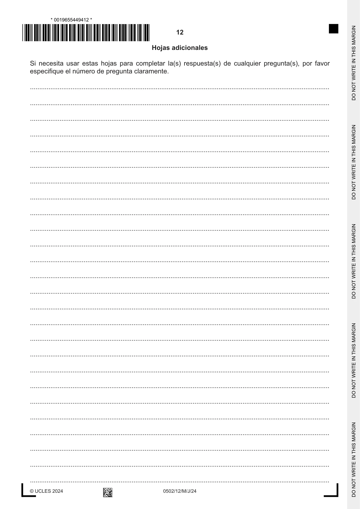 Cambridge IGCSE Spanish - First Language 0502 2024 May/June Paper 1 · Variant 2 question paper, page 12 of 16