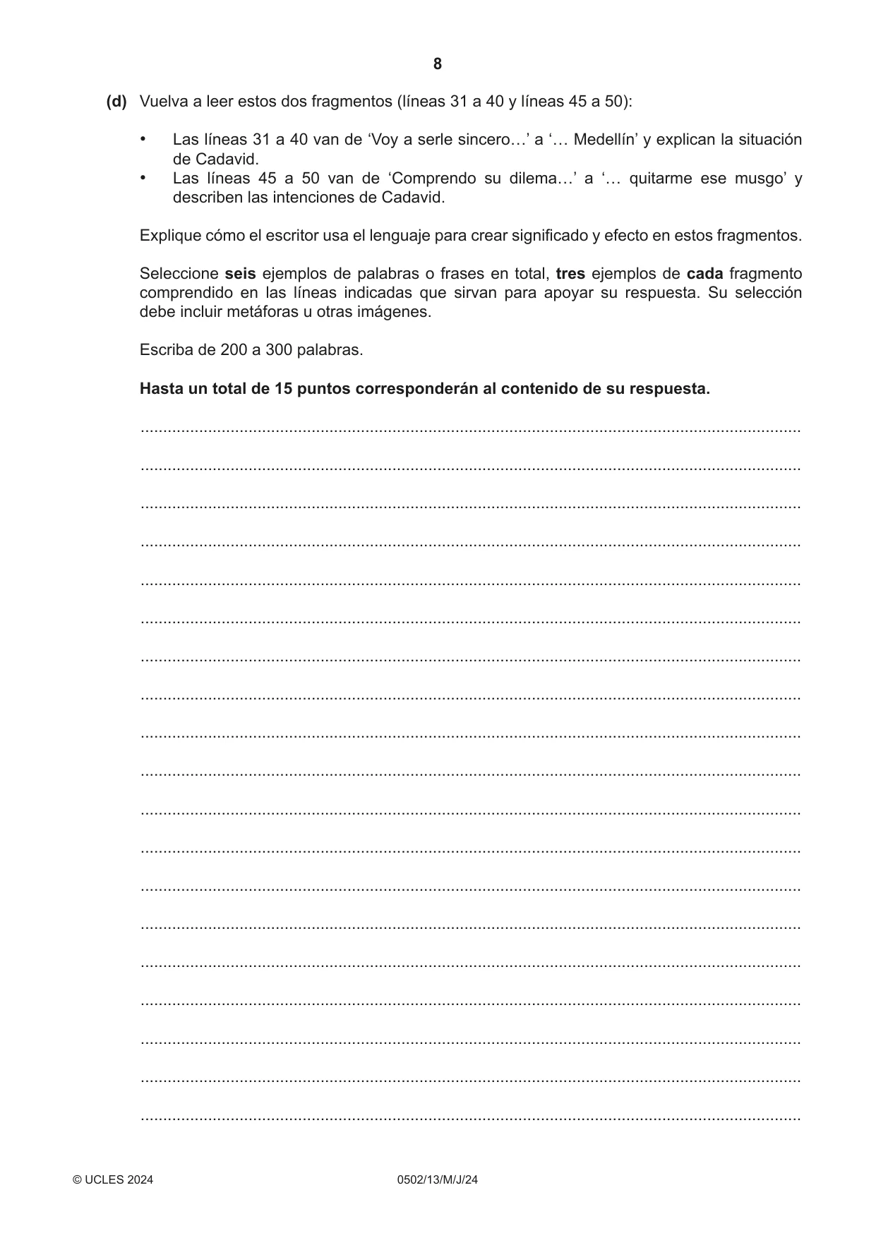 Cambridge IGCSE Spanish - First Language 0502 2024 May/June Paper 1 · Variant 3 question paper, page 8 of 16