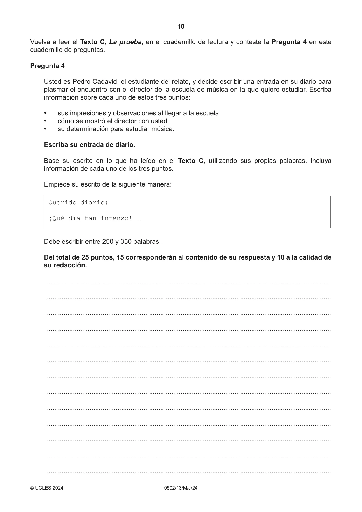 Cambridge IGCSE Spanish - First Language 0502 2024 May/June Paper 1 · Variant 3 question paper, page 10 of 16