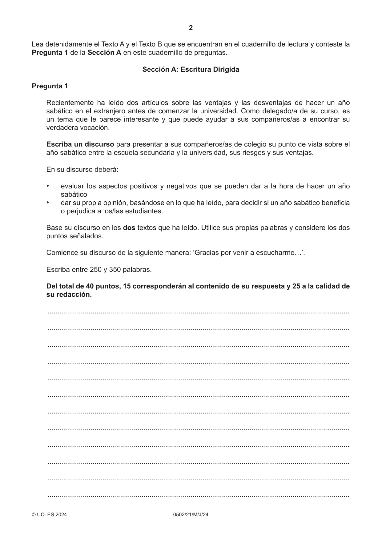 Cambridge IGCSE Spanish - First Language 0502 2024 May/June Paper 2 · Variant 1 question paper, page 2 of 12