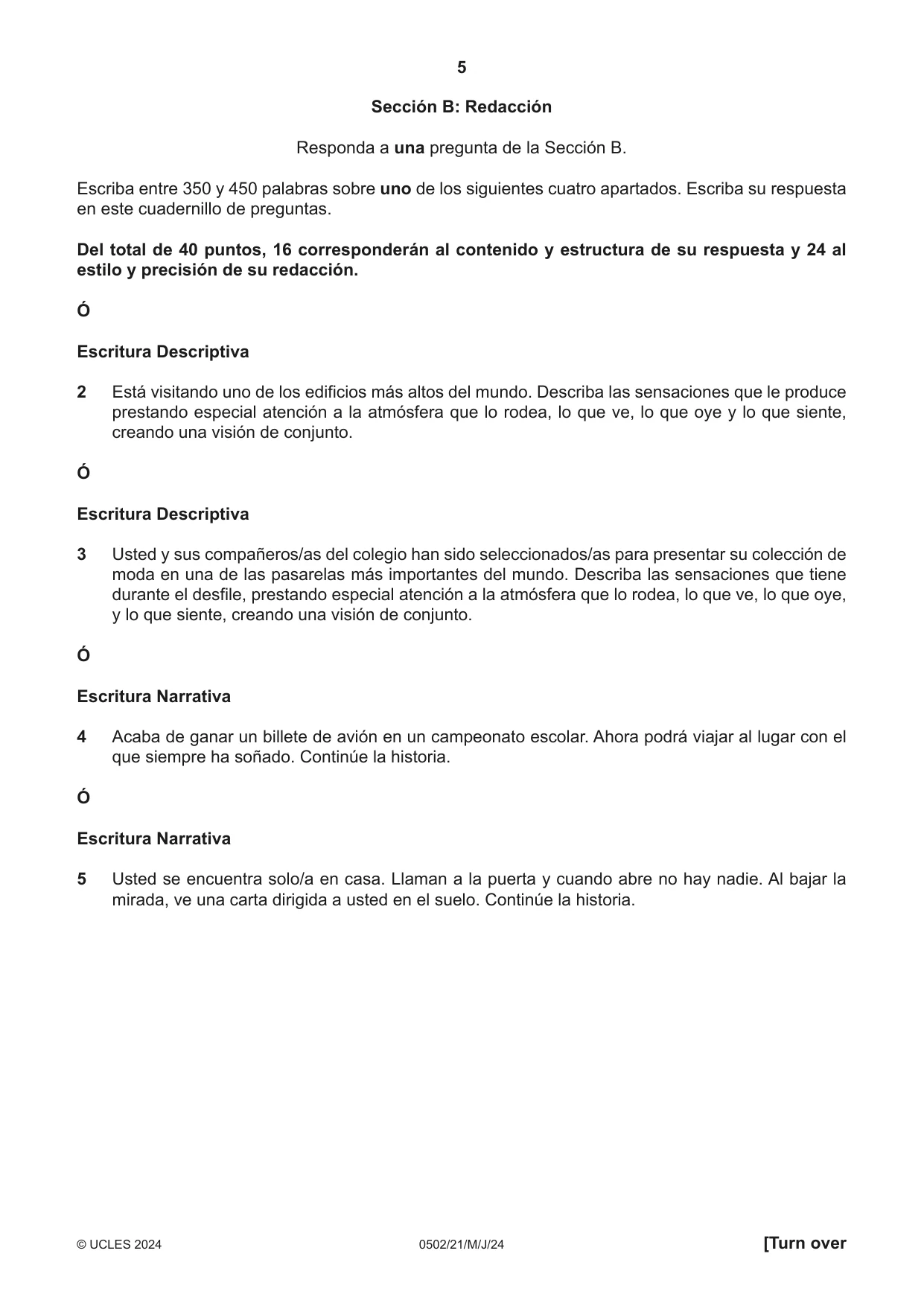 Cambridge IGCSE Spanish - First Language 0502 2024 May/June Paper 2 · Variant 1 question paper, page 5 of 12