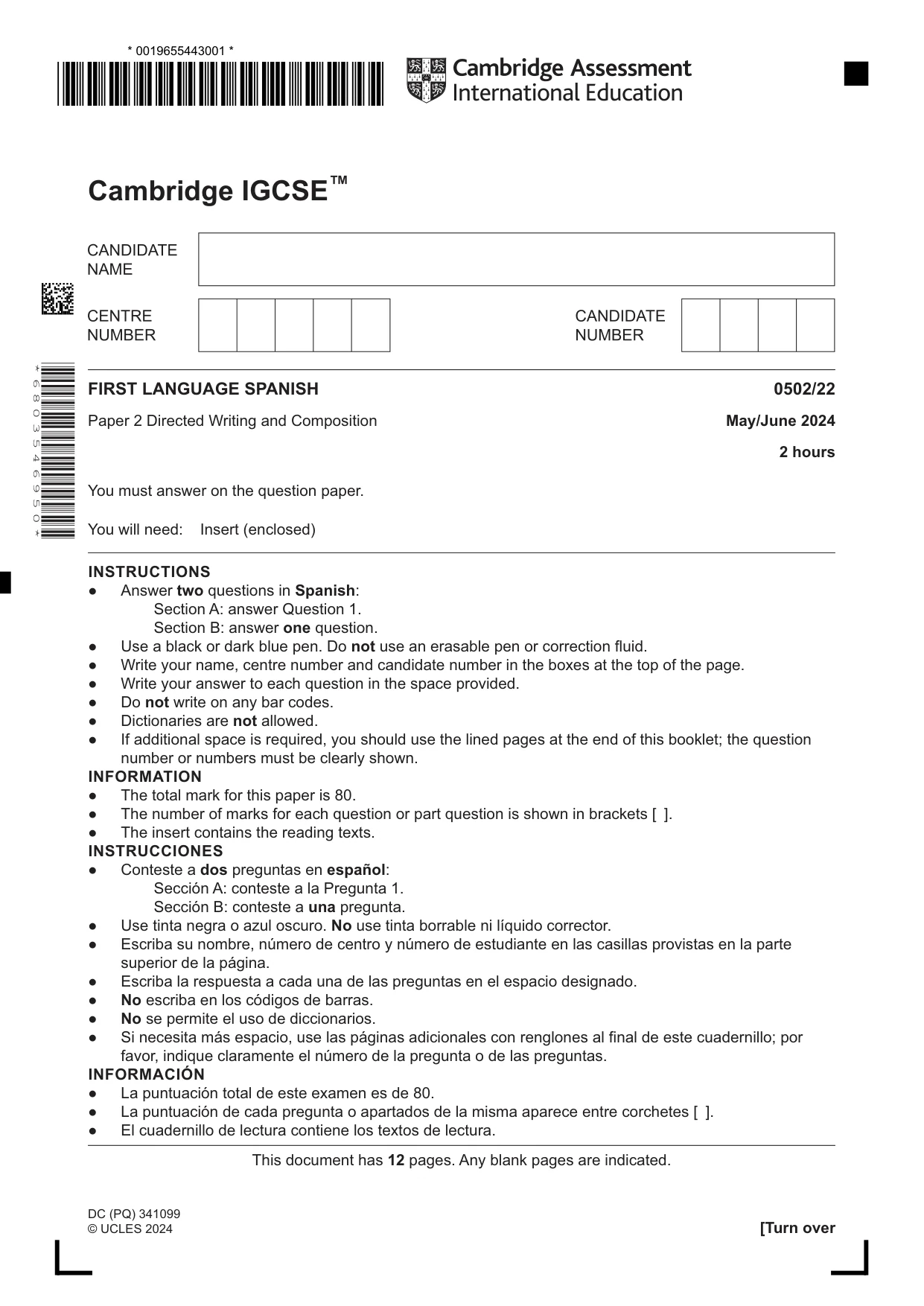 Cambridge IGCSE Spanish - First Language 0502 2024 May/June Paper 2 · Variant 2 question paper, page 1 of 12