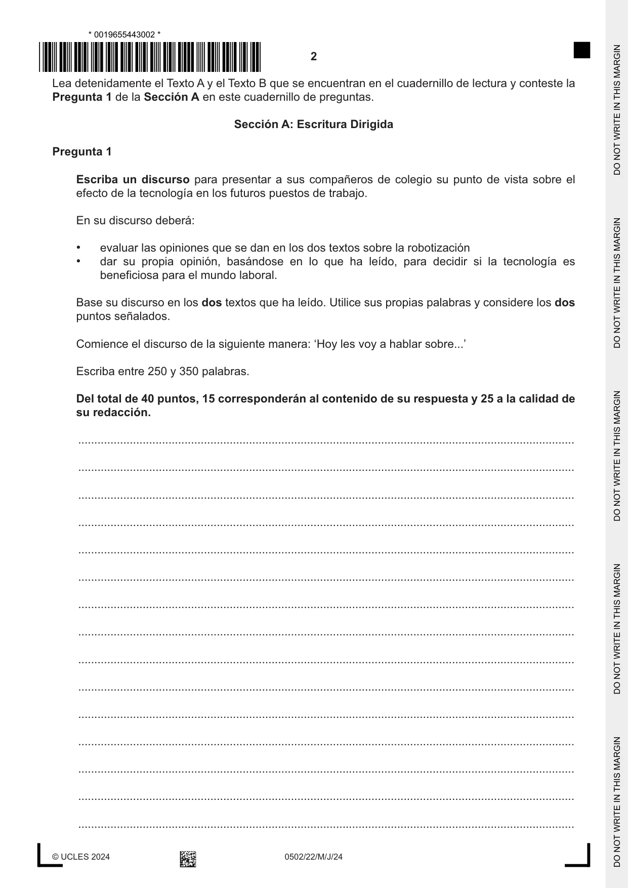 Cambridge IGCSE Spanish - First Language 0502 2024 May/June Paper 2 · Variant 2 question paper, page 2 of 12