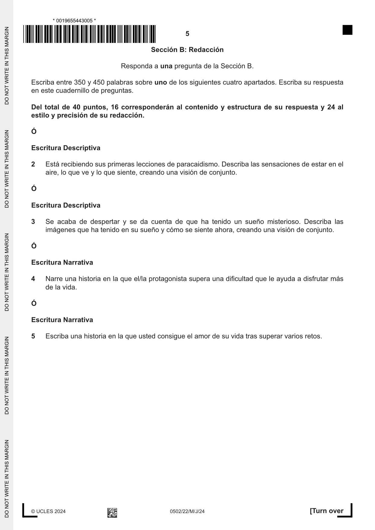 Cambridge IGCSE Spanish - First Language 0502 2024 May/June Paper 2 · Variant 2 question paper, page 5 of 12