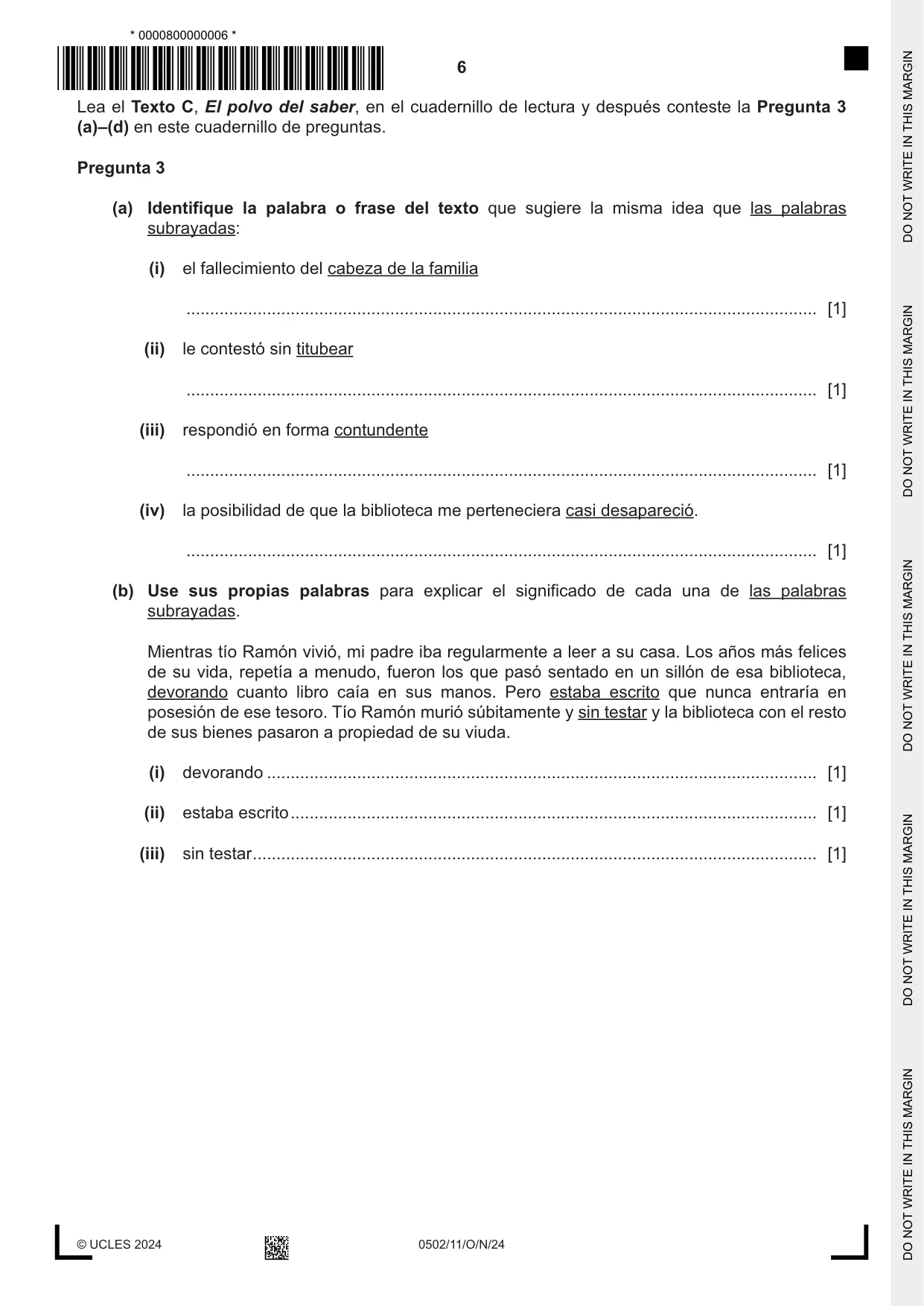 Cambridge IGCSE Spanish - First Language 0502 2024 Oct/Nov Paper 1 · Variant 1 question paper, page 6 of 16